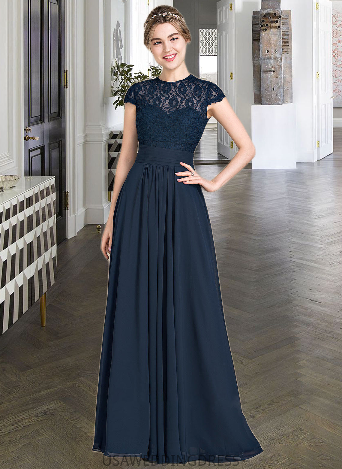 Hortensia A-Line Sweetheart Floor-Length Chiffon Lace Bridesmaid Dress With Ruffle DSP0013163