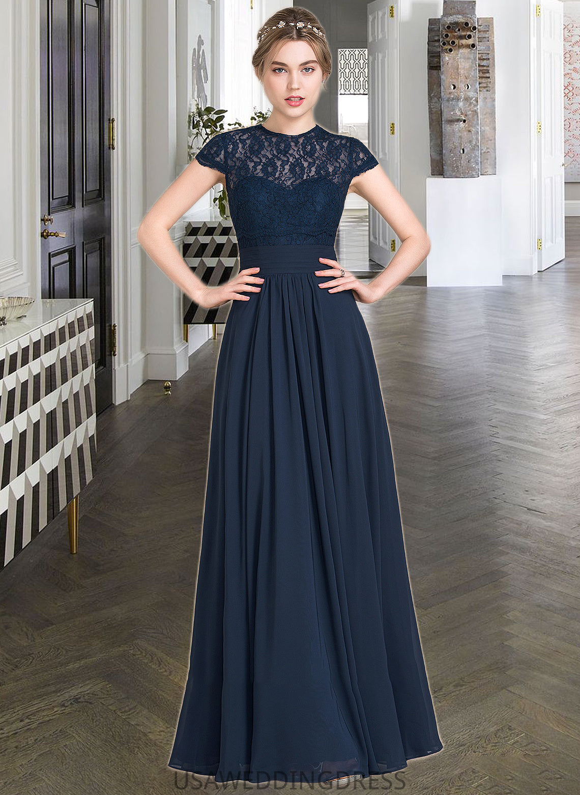 Hortensia A-Line Sweetheart Floor-Length Chiffon Lace Bridesmaid Dress With Ruffle DSP0013163