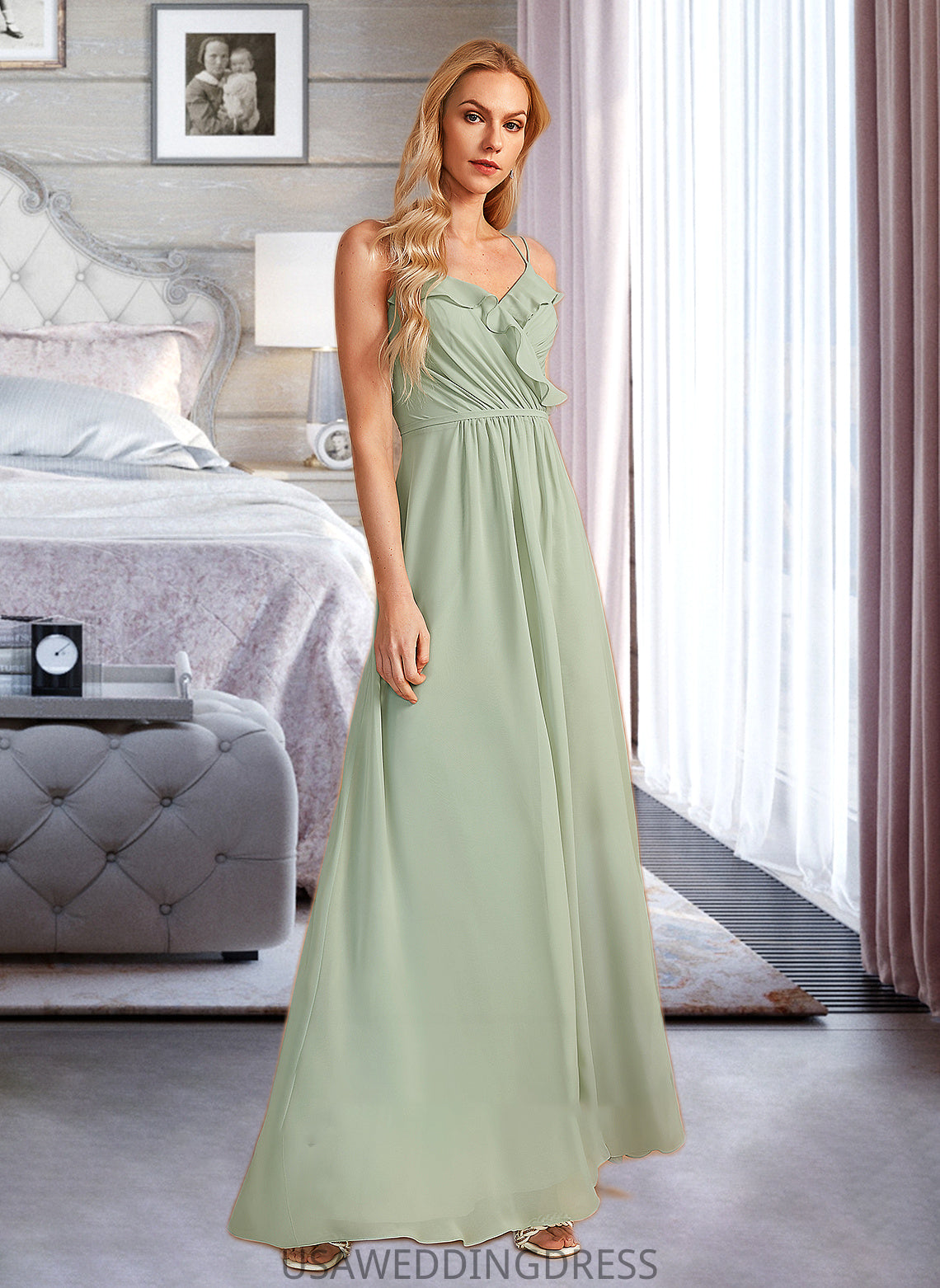 Jayla A-Line V-neck Floor-Length Bridesmaid Dress With Ruffle DSP0013164