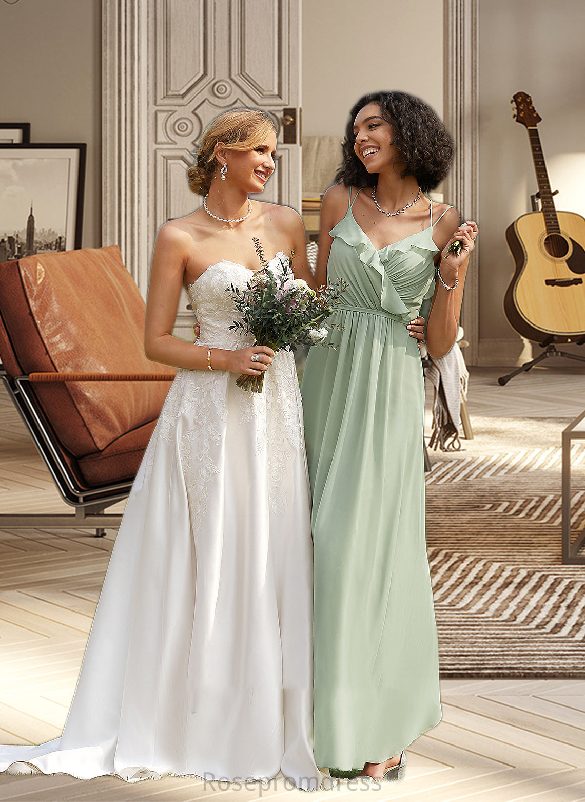 Kassidy A-Line V-neck Floor-Length Bridesmaid Dress With Ruffle SRSP0013164