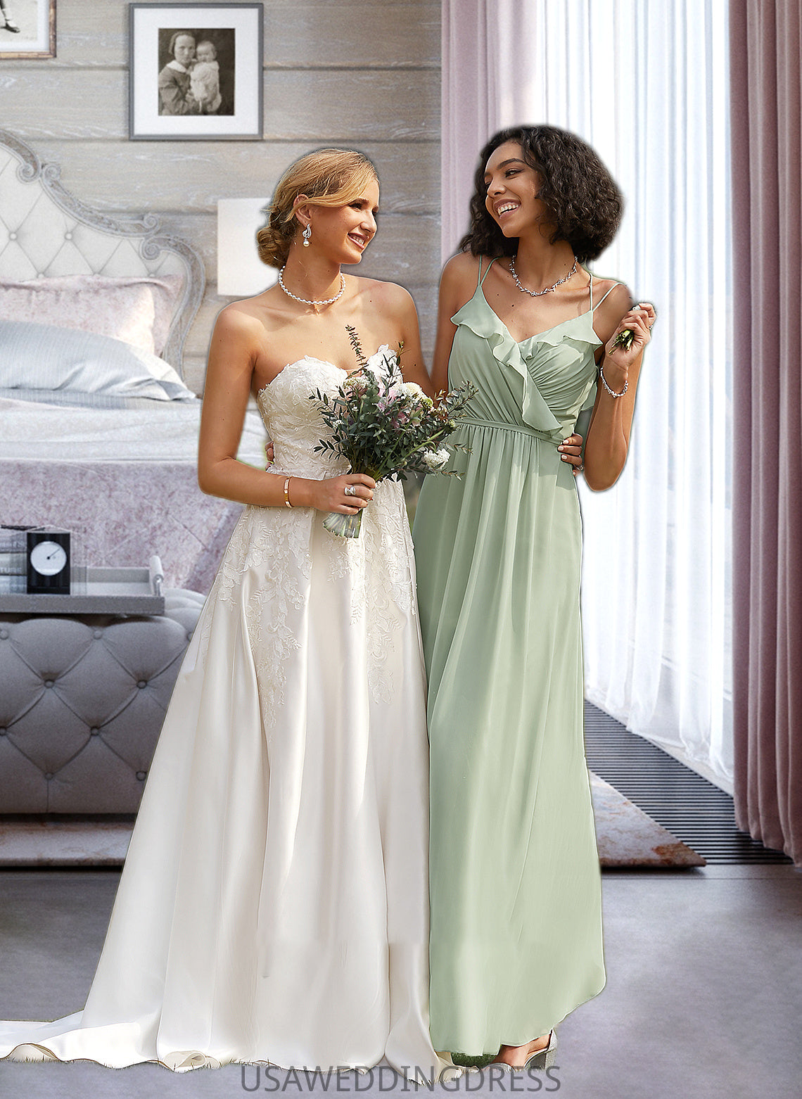 Jayla A-Line V-neck Floor-Length Bridesmaid Dress With Ruffle DSP0013164