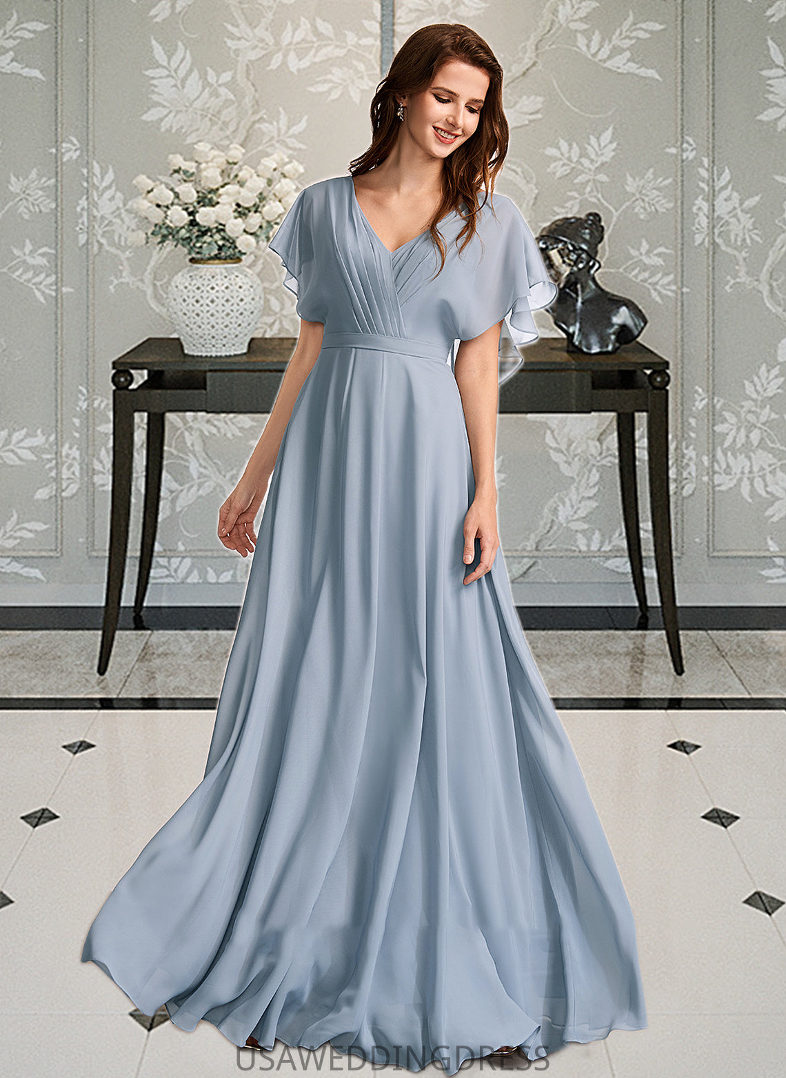 Dakota A-Line V-neck Floor-Length Bridesmaid Dress With Ruffle DSP0013165