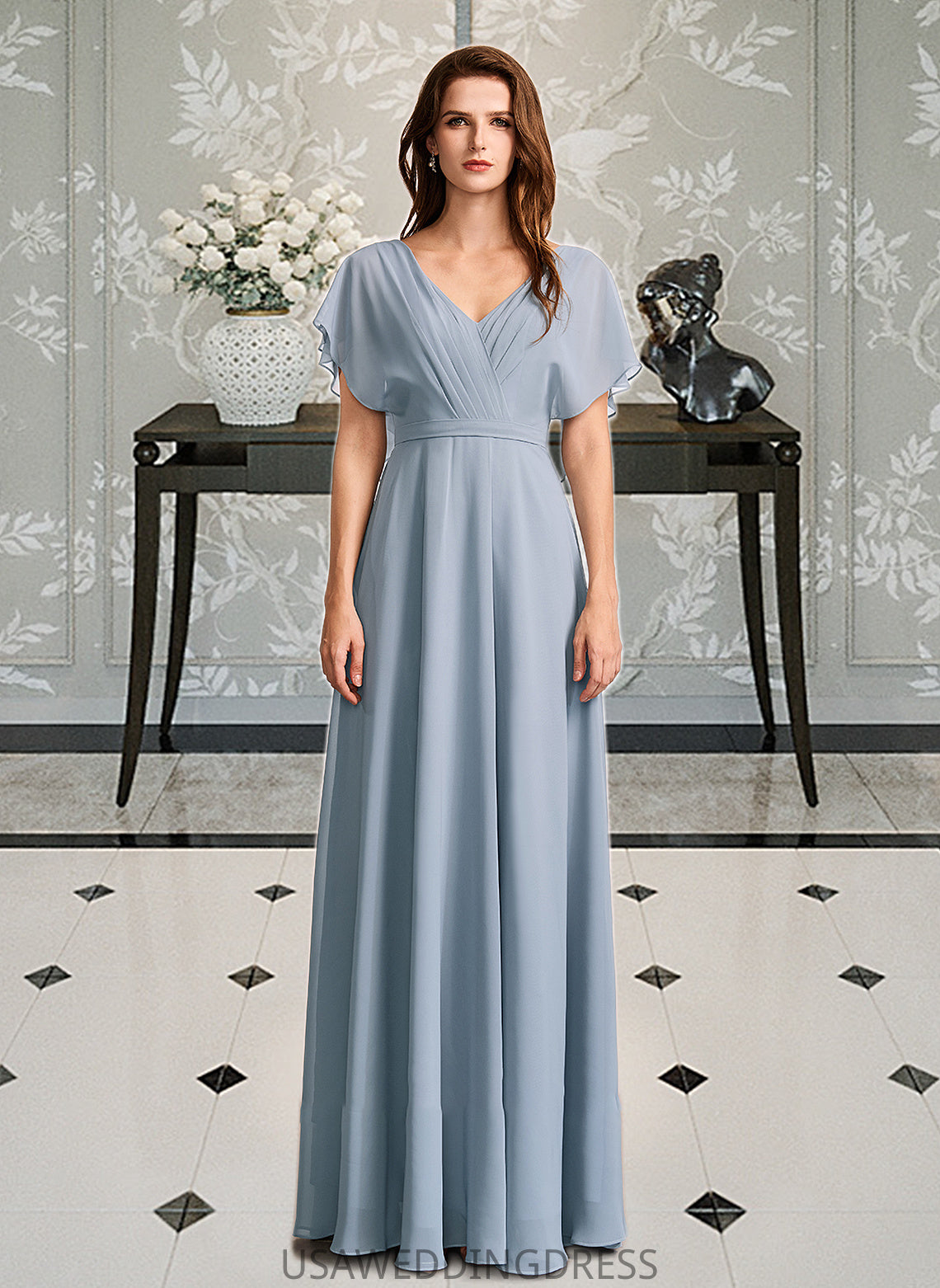 Dakota A-Line V-neck Floor-Length Bridesmaid Dress With Ruffle DSP0013165