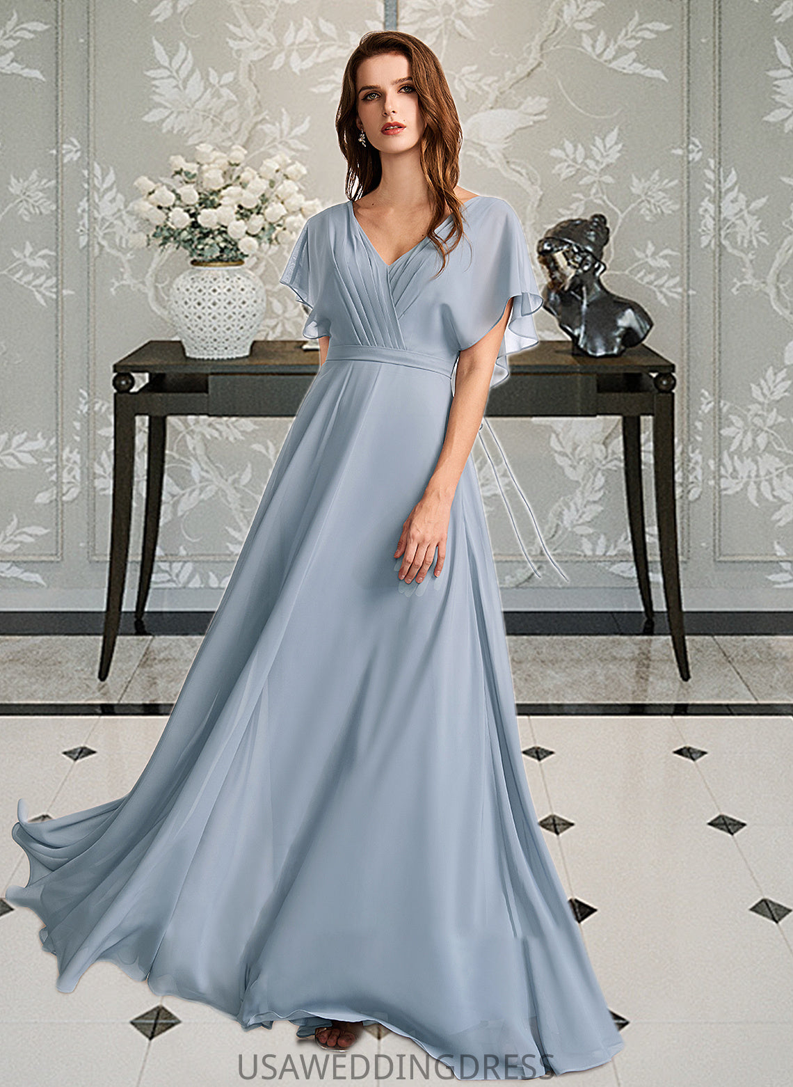 Dakota A-Line V-neck Floor-Length Bridesmaid Dress With Ruffle DSP0013165