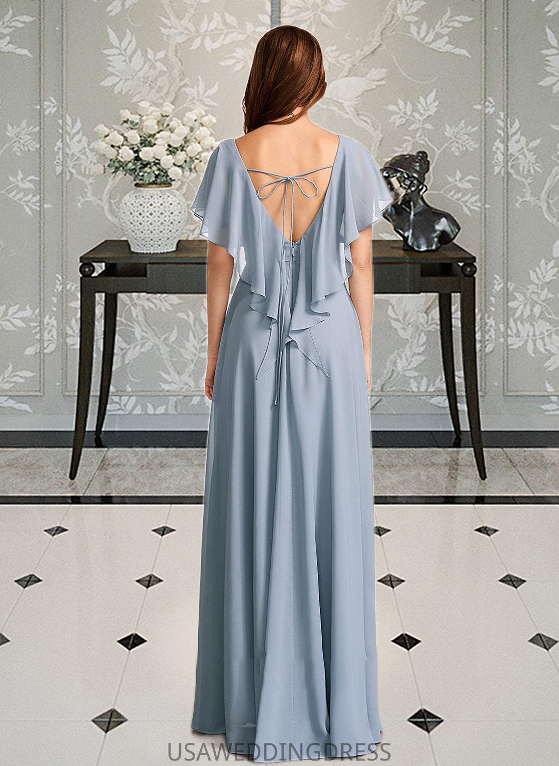 Dakota A-Line V-neck Floor-Length Bridesmaid Dress With Ruffle DSP0013165