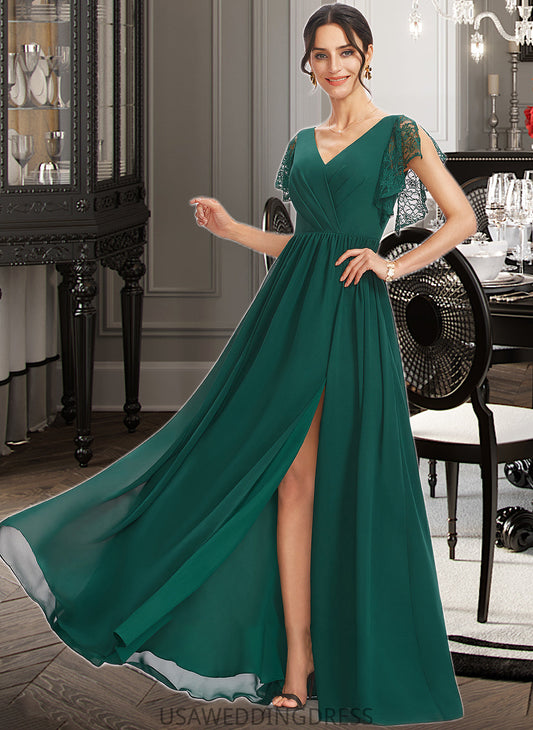 Allisson A-Line V-neck Floor-Length Bridesmaid Dress With Lace Split Front DSP0013166