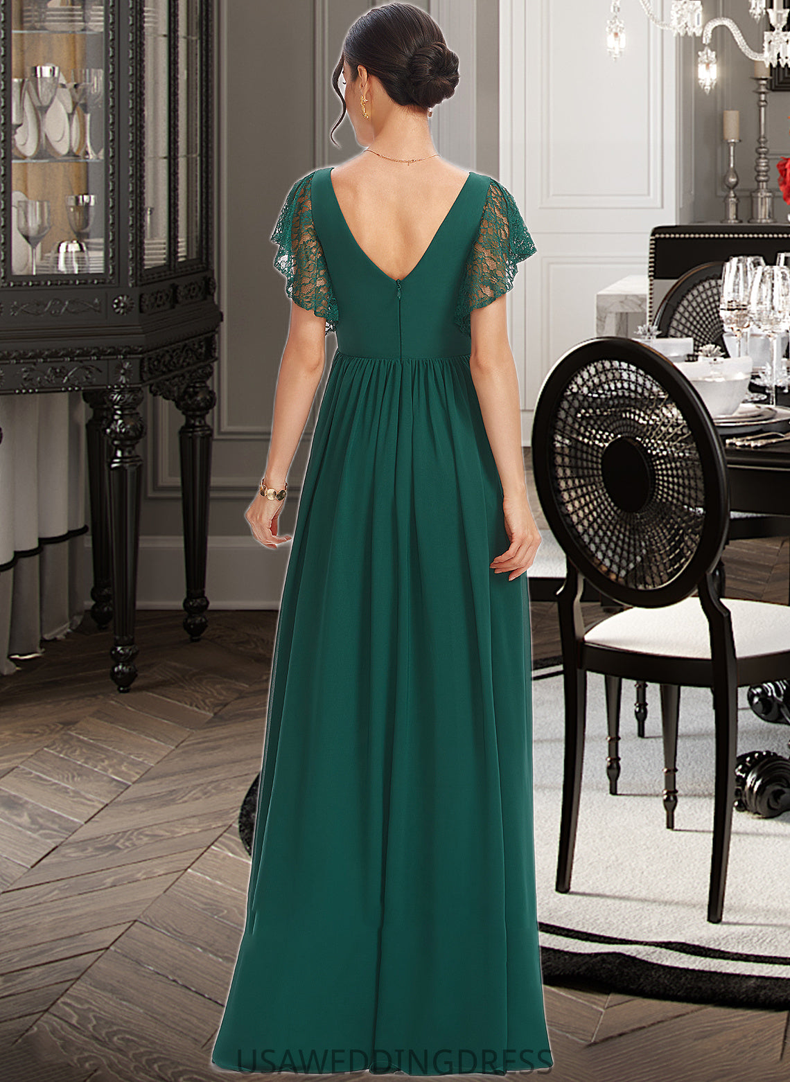 Allisson A-Line V-neck Floor-Length Bridesmaid Dress With Lace Split Front DSP0013166