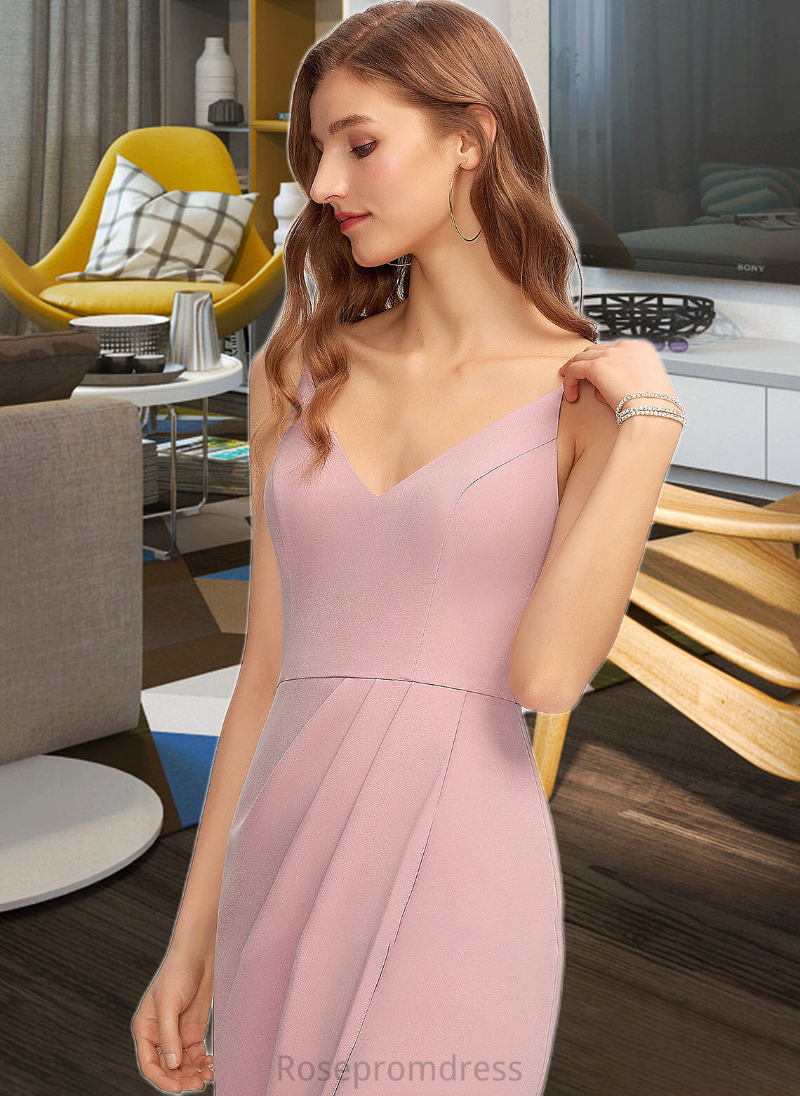 Leilani Sheath/Column V-neck Asymmetrical Stretch Crepe Bridesmaid Dress SRSP0013167