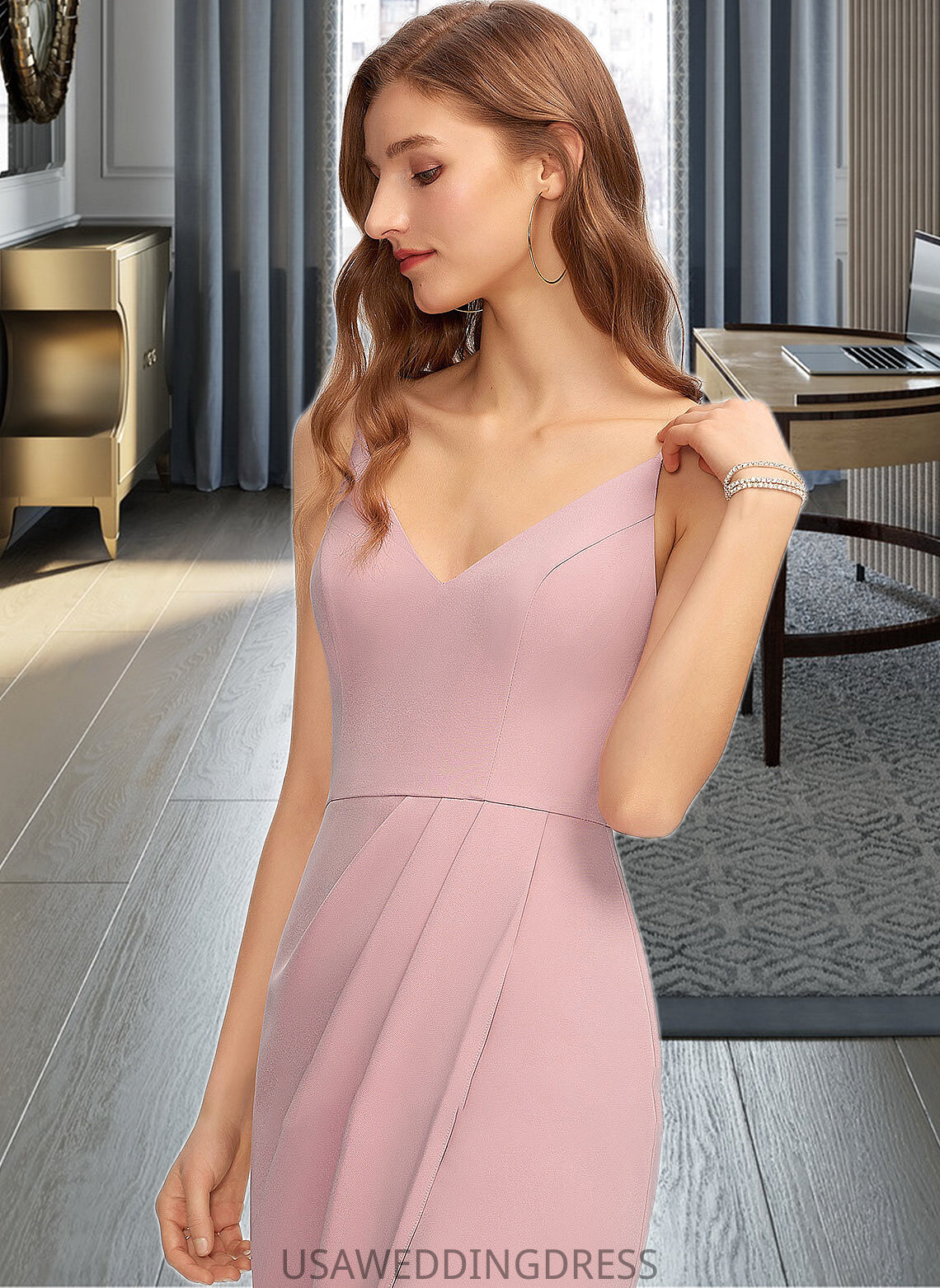 Carlie Sheath/Column V-neck Asymmetrical Stretch Crepe Bridesmaid Dress DSP0013167