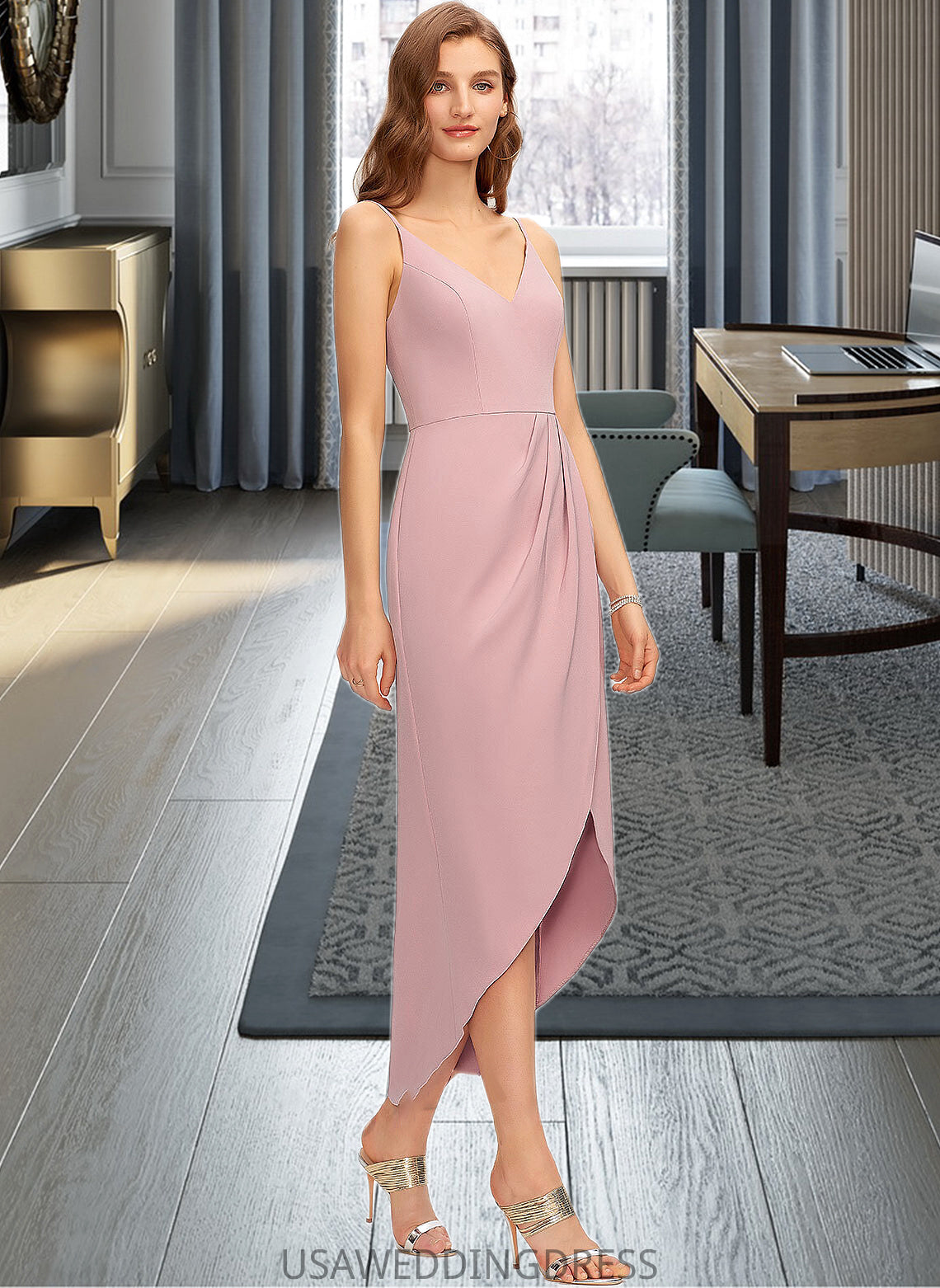 Carlie Sheath/Column V-neck Asymmetrical Stretch Crepe Bridesmaid Dress DSP0013167