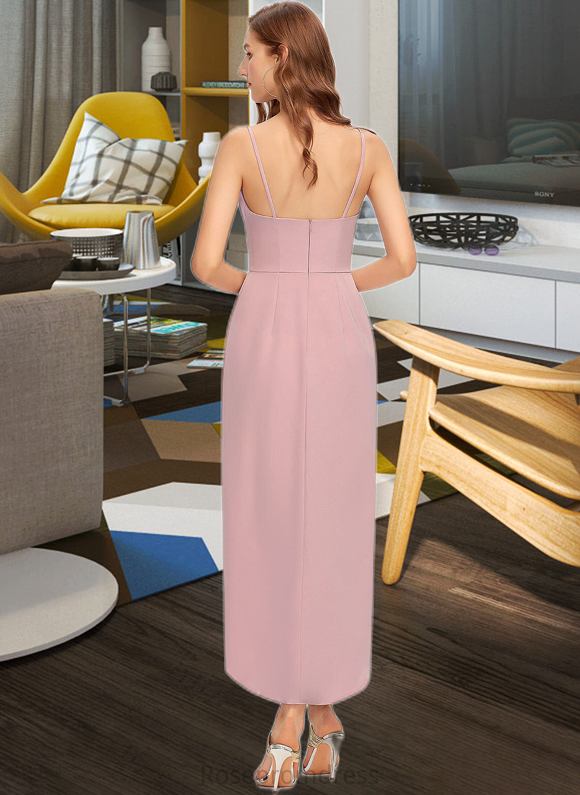 Leilani Sheath/Column V-neck Asymmetrical Stretch Crepe Bridesmaid Dress SRSP0013167