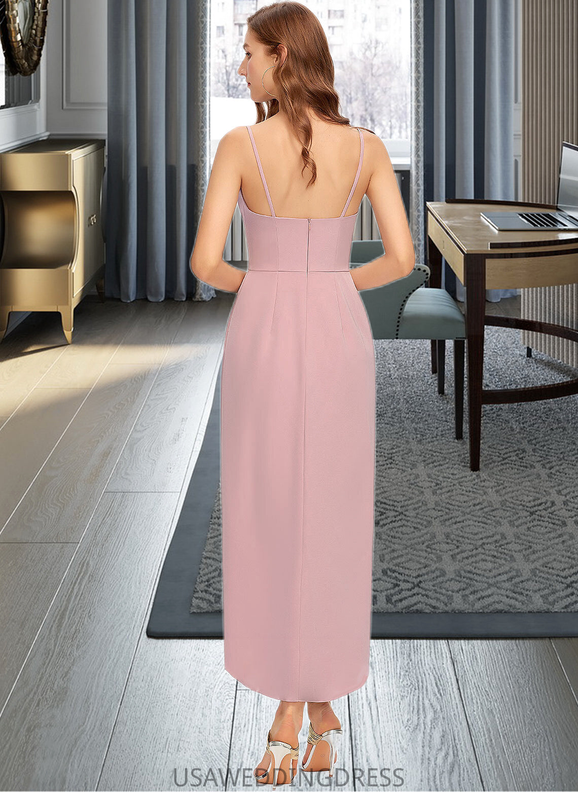 Carlie Sheath/Column V-neck Asymmetrical Stretch Crepe Bridesmaid Dress DSP0013167