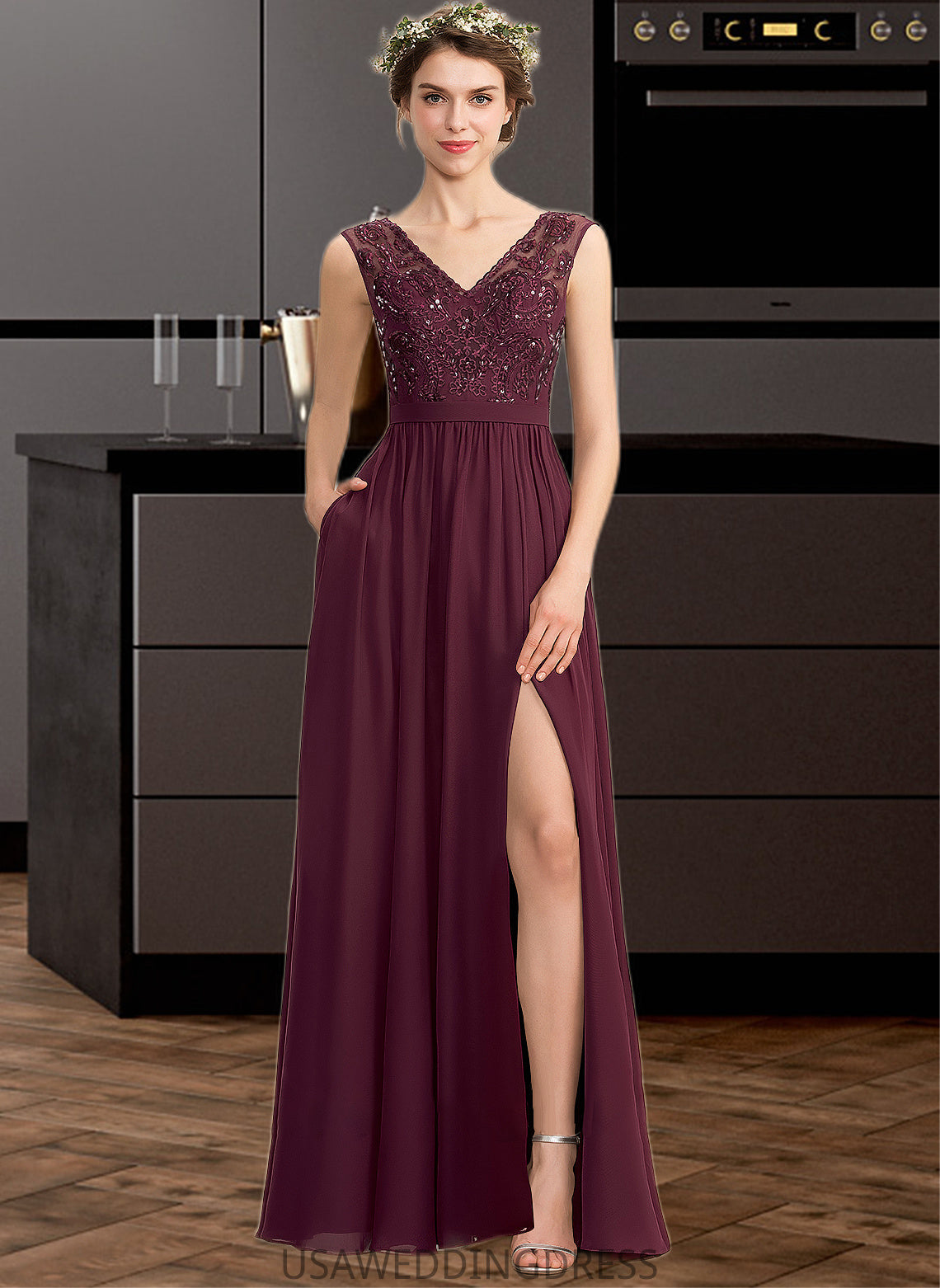 Gina A-Line V-neck Floor-Length Chiffon Lace Bridesmaid Dress With Beading Sequins Split Front Pockets DSP0013168