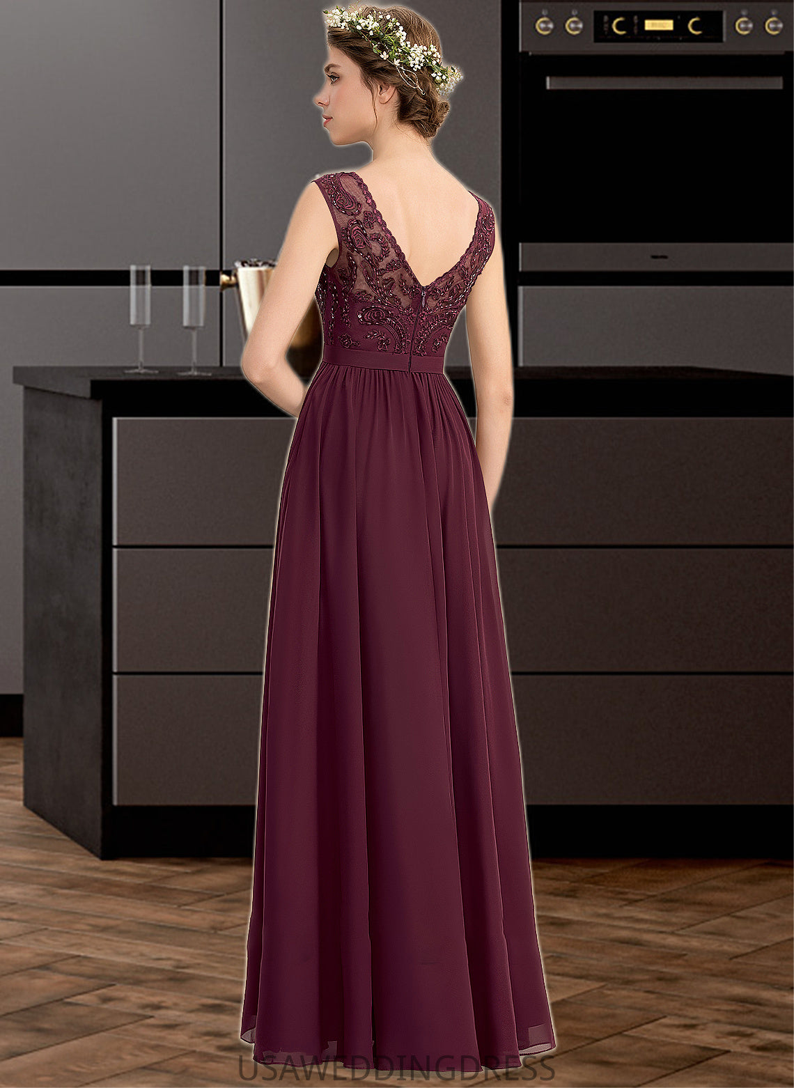Gina A-Line V-neck Floor-Length Chiffon Lace Bridesmaid Dress With Beading Sequins Split Front Pockets DSP0013168
