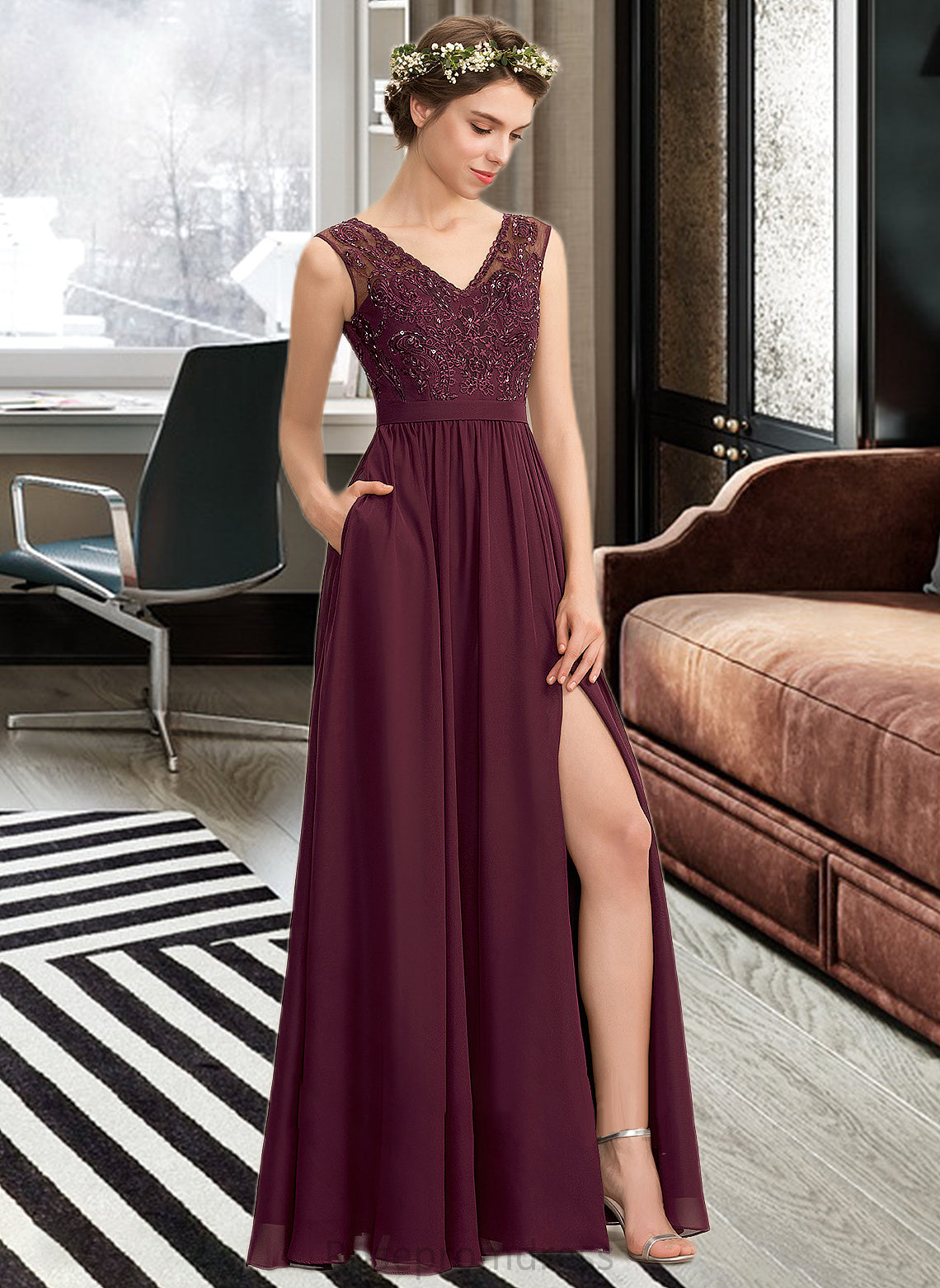 Sam A-Line V-neck Floor-Length Chiffon Lace Bridesmaid Dress With Beading Sequins Split Front Pockets SRSP0013168
