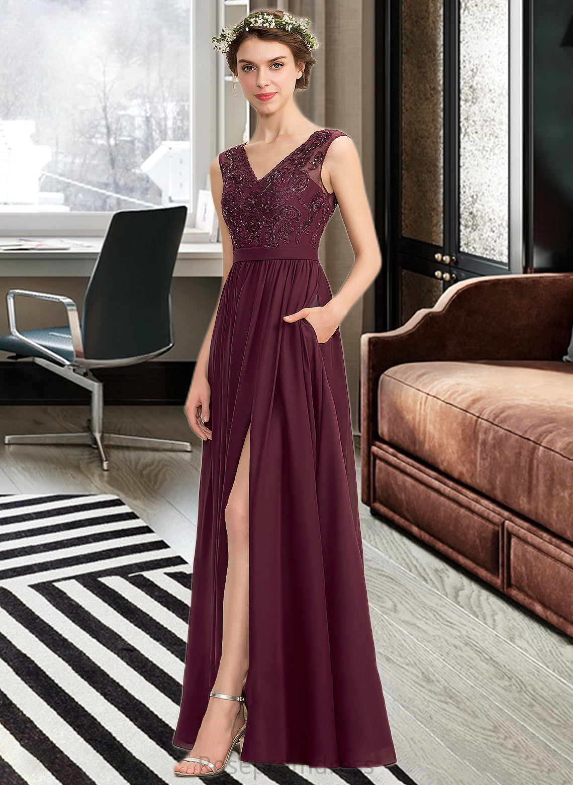 Sam A-Line V-neck Floor-Length Chiffon Lace Bridesmaid Dress With Beading Sequins Split Front Pockets SRSP0013168
