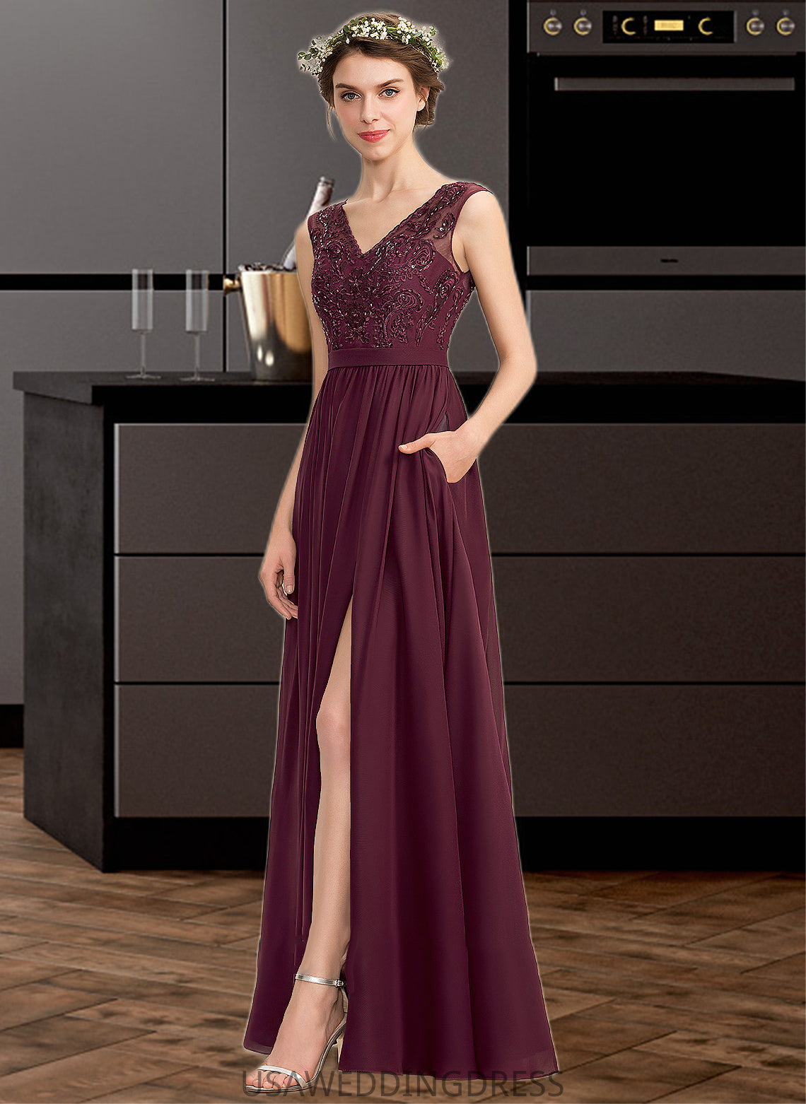Gina A-Line V-neck Floor-Length Chiffon Lace Bridesmaid Dress With Beading Sequins Split Front Pockets DSP0013168