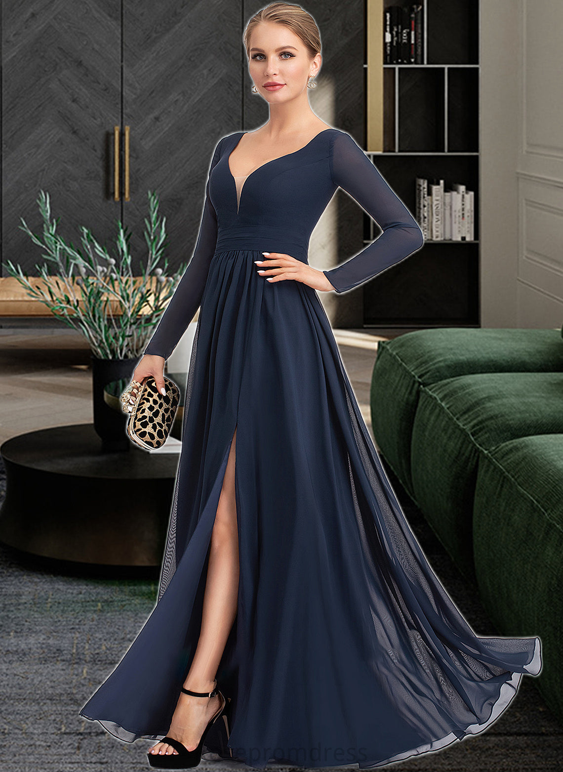 Makenzie A-Line V-neck Floor-Length Chiffon Bridesmaid Dress With Split Front SRSP0013169