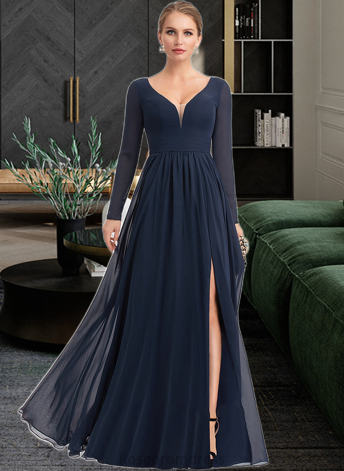 Makenzie A-Line V-neck Floor-Length Chiffon Bridesmaid Dress With Split Front SRSP0013169