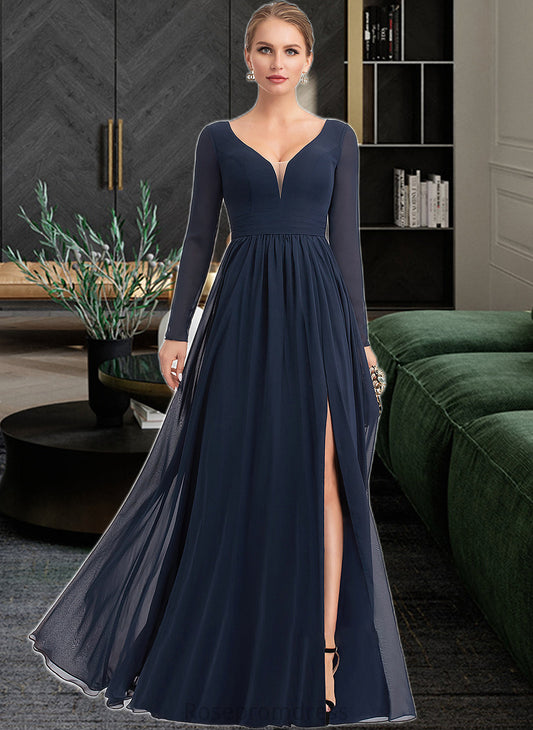 Makenzie A-Line V-neck Floor-Length Chiffon Bridesmaid Dress With Split Front SRSP0013169