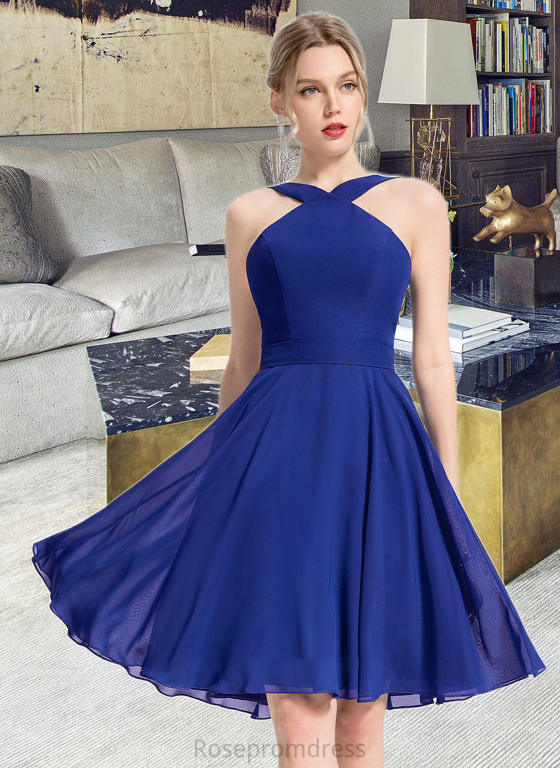 Essence A-line V-Neck Knee-Length Chiffon Bridesmaid Dress SRSP0013170