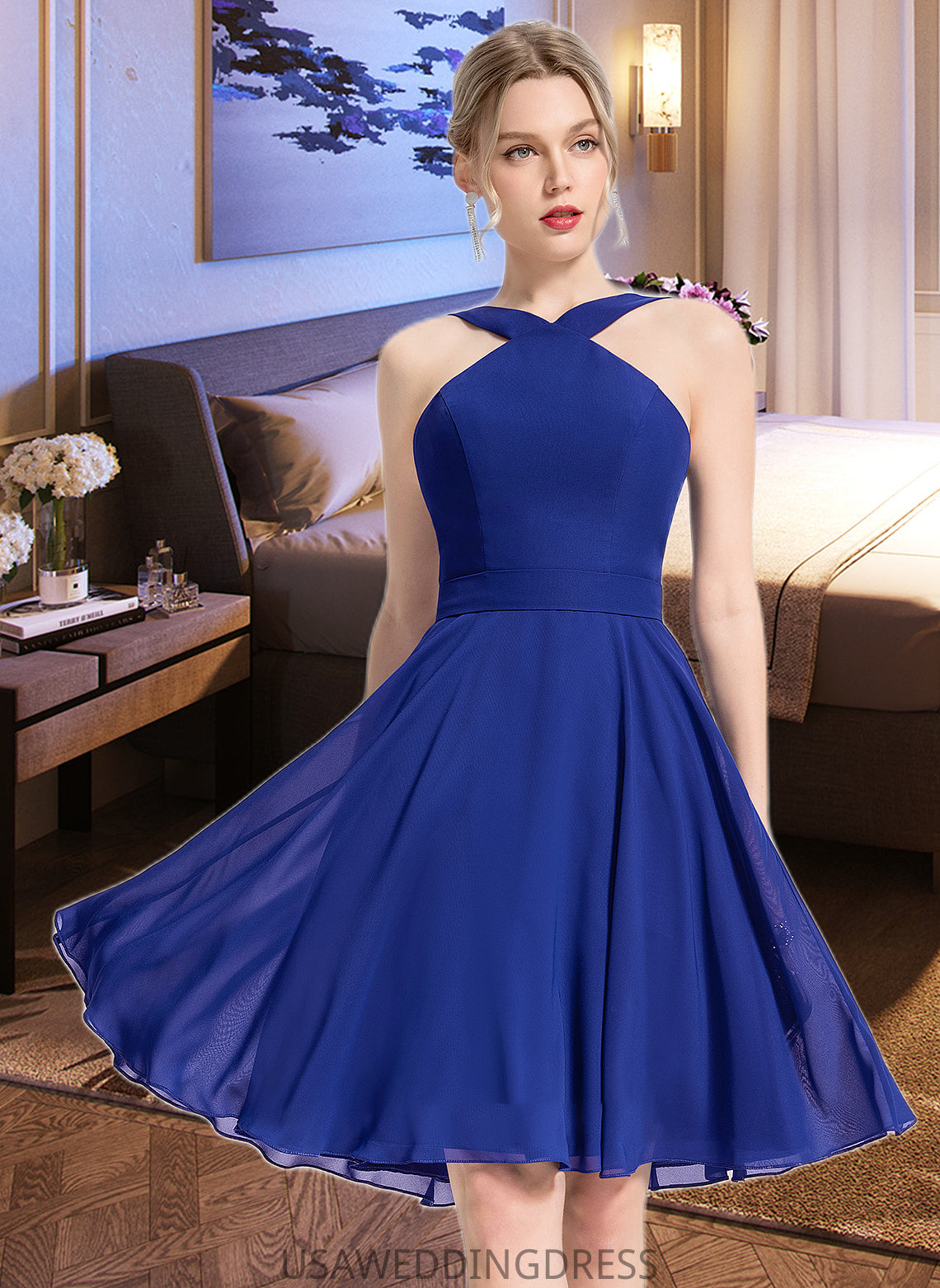 Londyn A-line V-Neck Knee-Length Chiffon Bridesmaid Dress DSP0013170