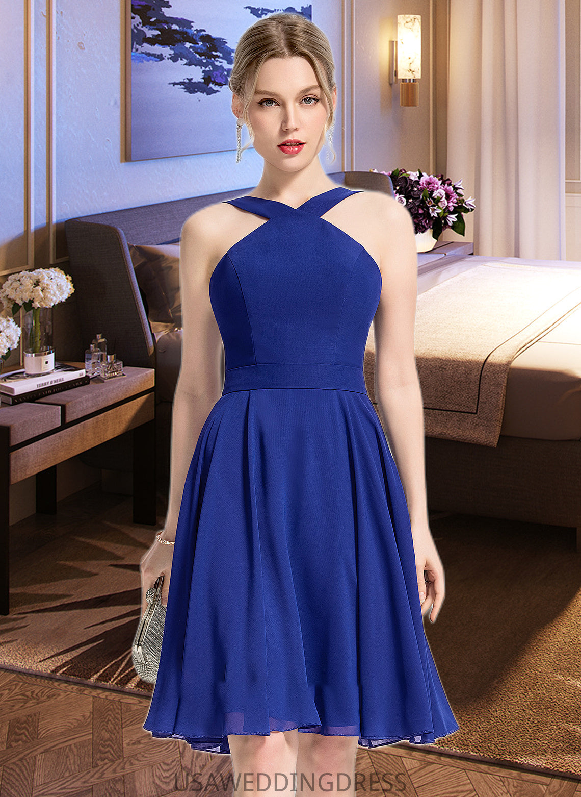 Londyn A-line V-Neck Knee-Length Chiffon Bridesmaid Dress DSP0013170