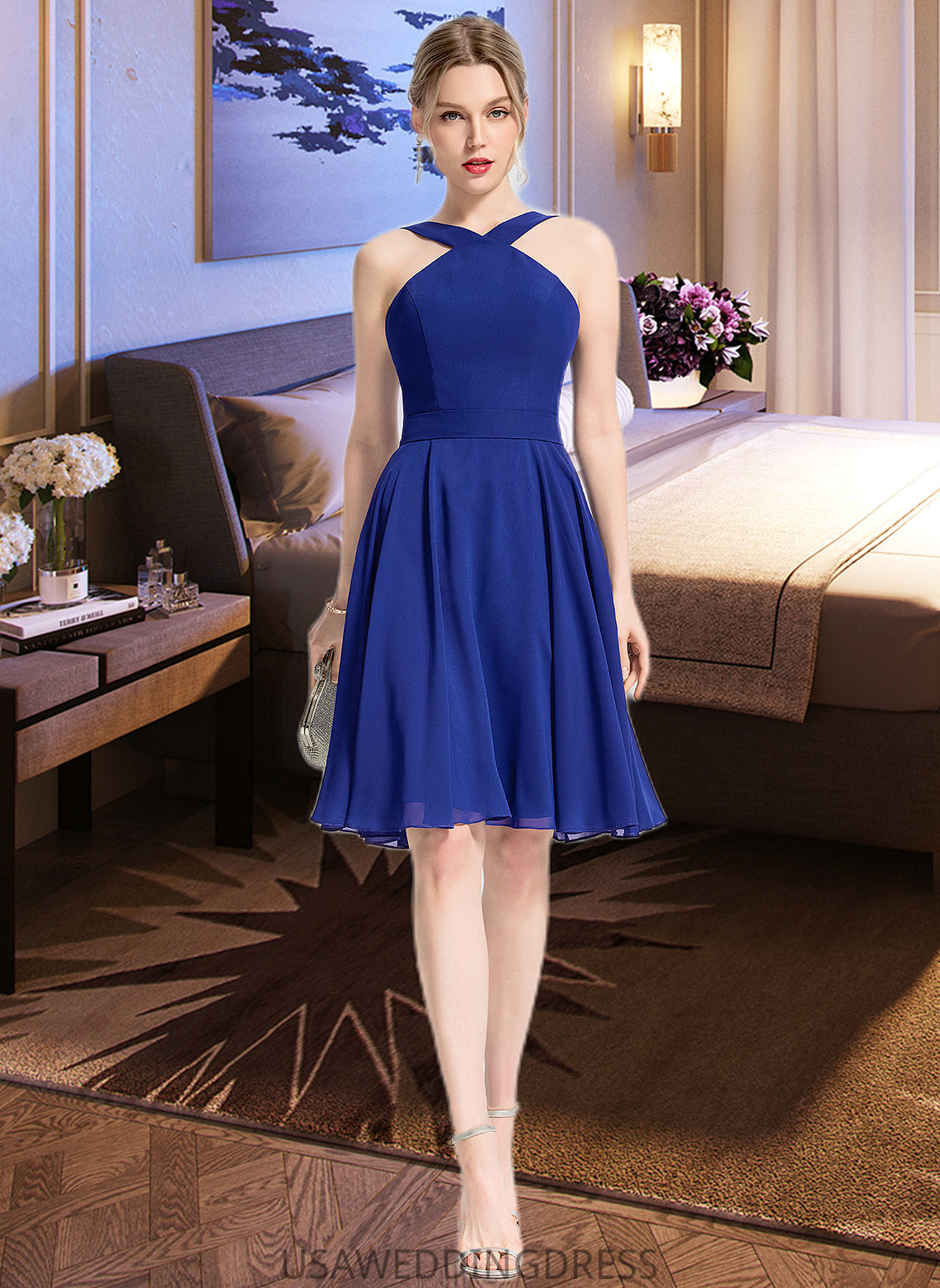 Londyn A-line V-Neck Knee-Length Chiffon Bridesmaid Dress DSP0013170