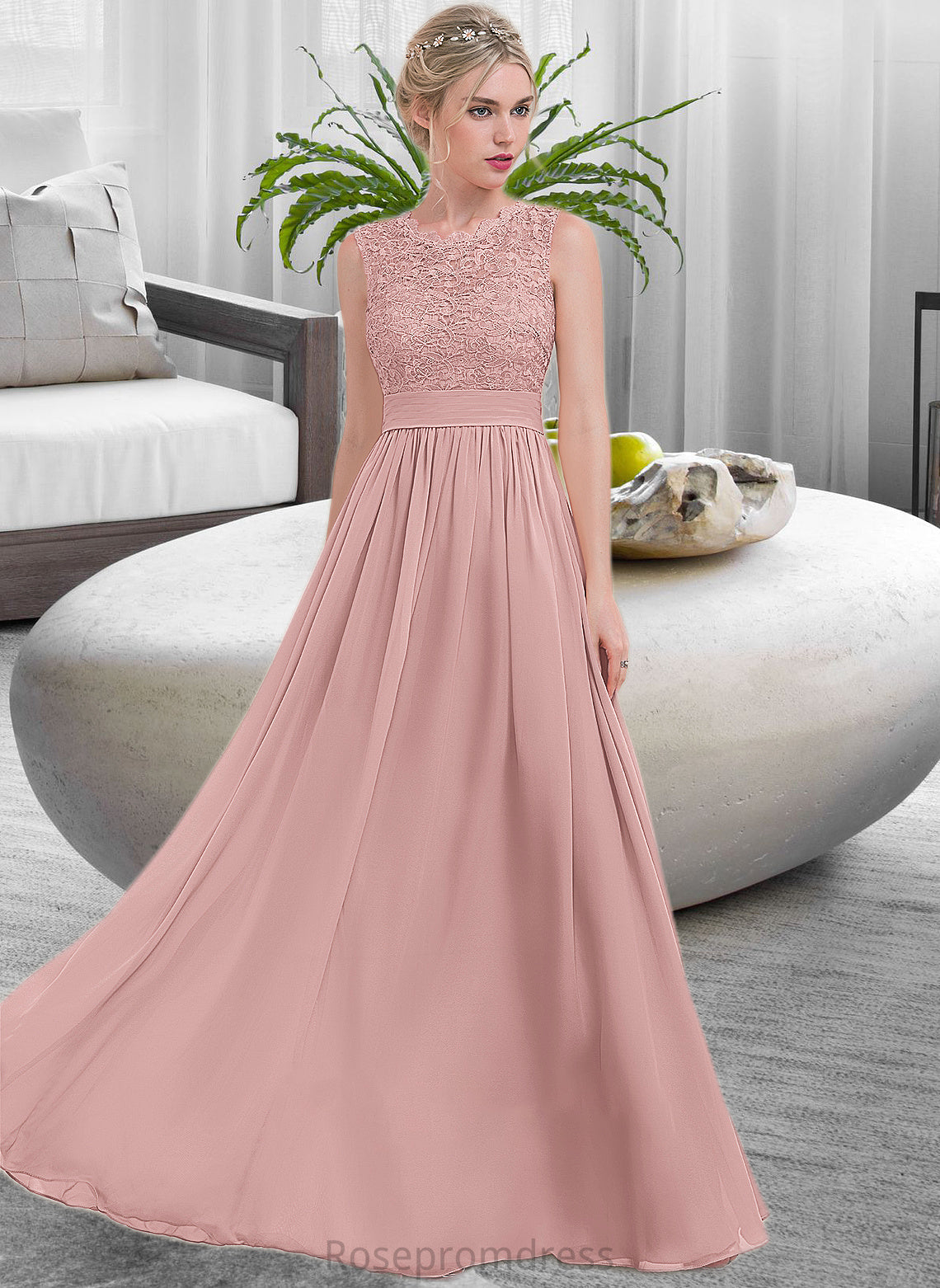 Aniyah A-Line Scoop Neck Floor-Length Chiffon Lace Bridesmaid Dress With Ruffle SRSP0013171