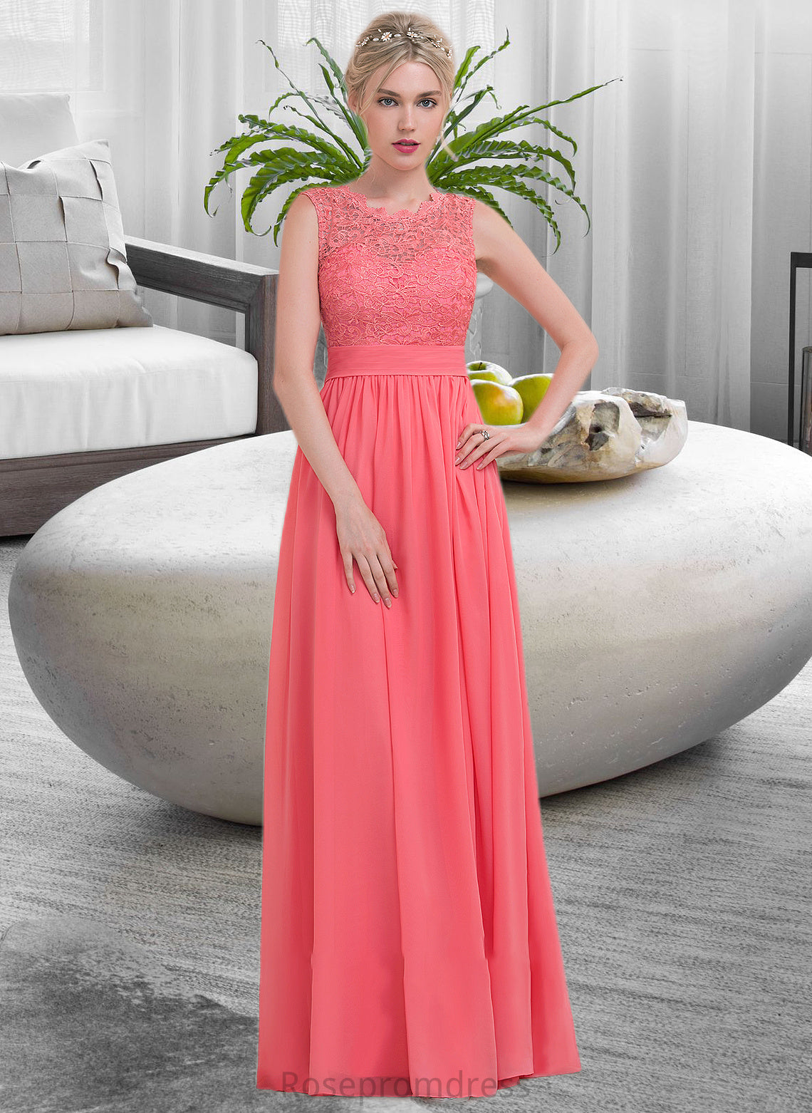 Aniyah A-Line Scoop Neck Floor-Length Chiffon Lace Bridesmaid Dress With Ruffle SRSP0013171