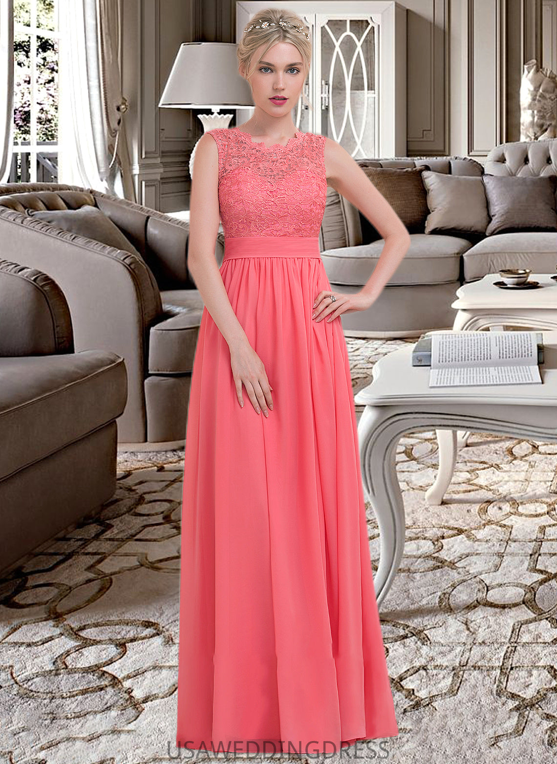 Angel A-Line Scoop Neck Floor-Length Chiffon Lace Bridesmaid Dress With Ruffle DSP0013171