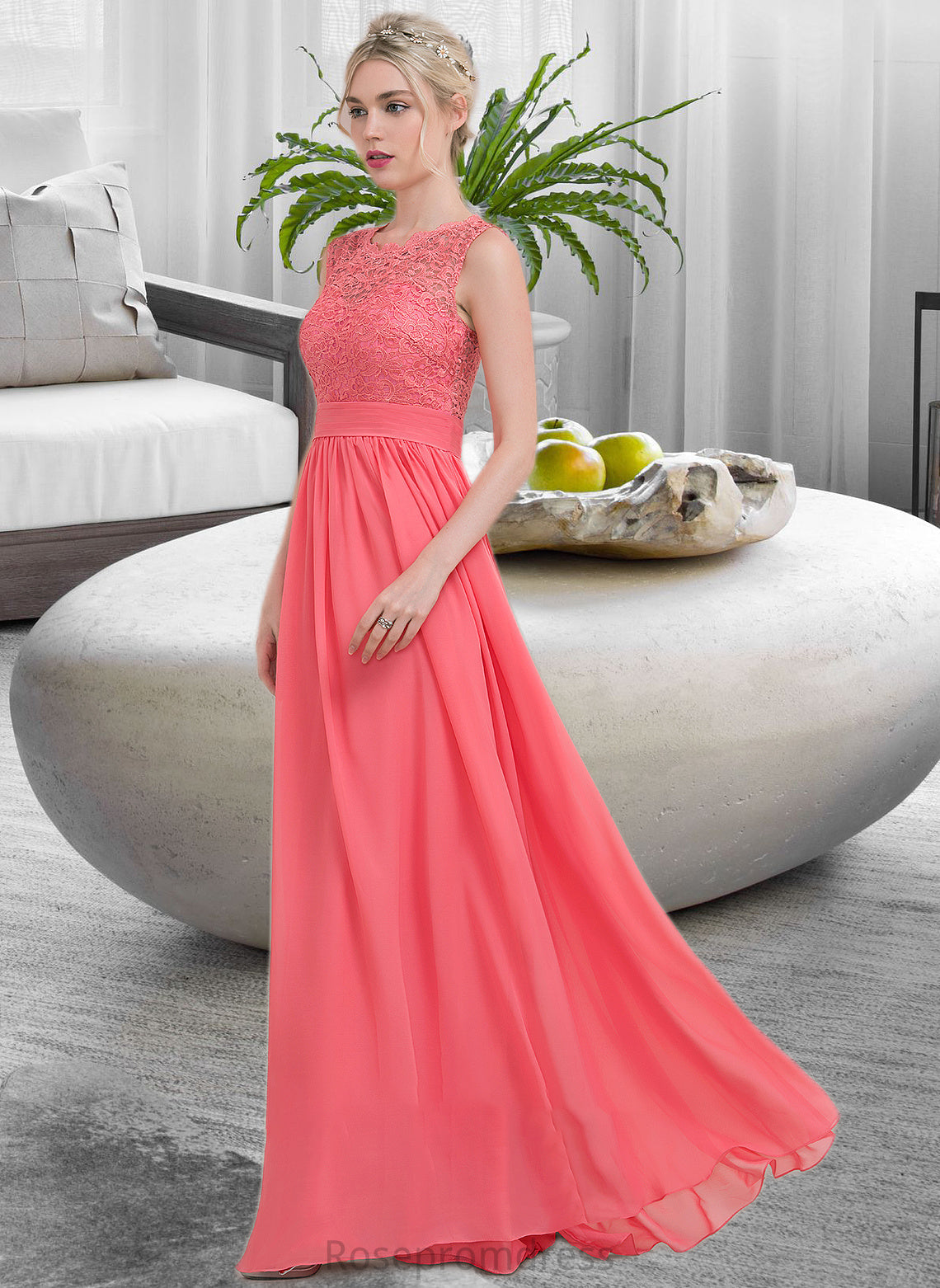 Aniyah A-Line Scoop Neck Floor-Length Chiffon Lace Bridesmaid Dress With Ruffle SRSP0013171