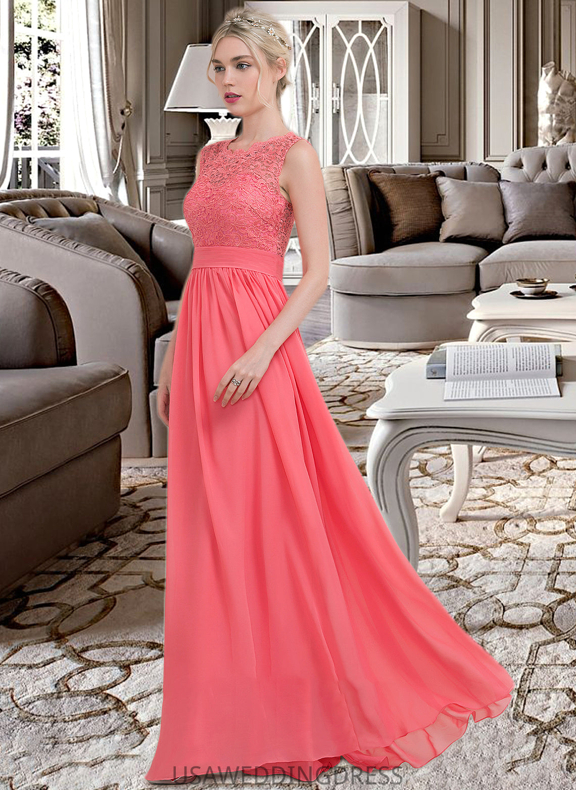 Angel A-Line Scoop Neck Floor-Length Chiffon Lace Bridesmaid Dress With Ruffle DSP0013171