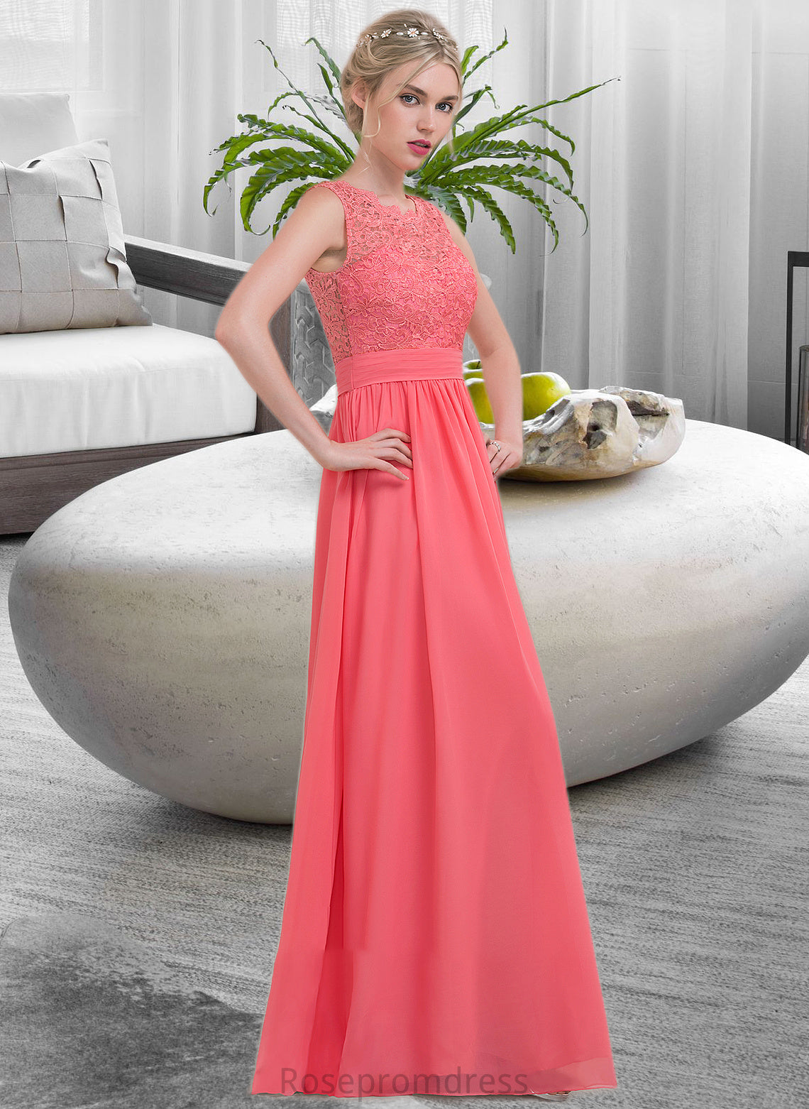 Aniyah A-Line Scoop Neck Floor-Length Chiffon Lace Bridesmaid Dress With Ruffle SRSP0013171