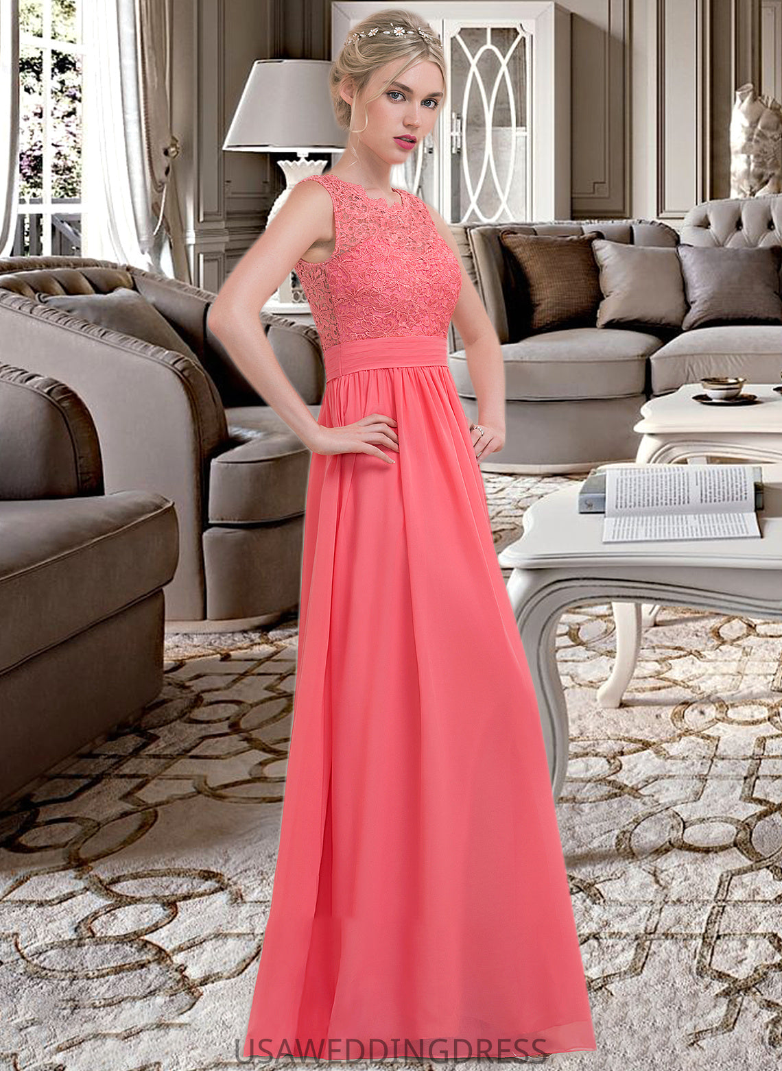 Angel A-Line Scoop Neck Floor-Length Chiffon Lace Bridesmaid Dress With Ruffle DSP0013171