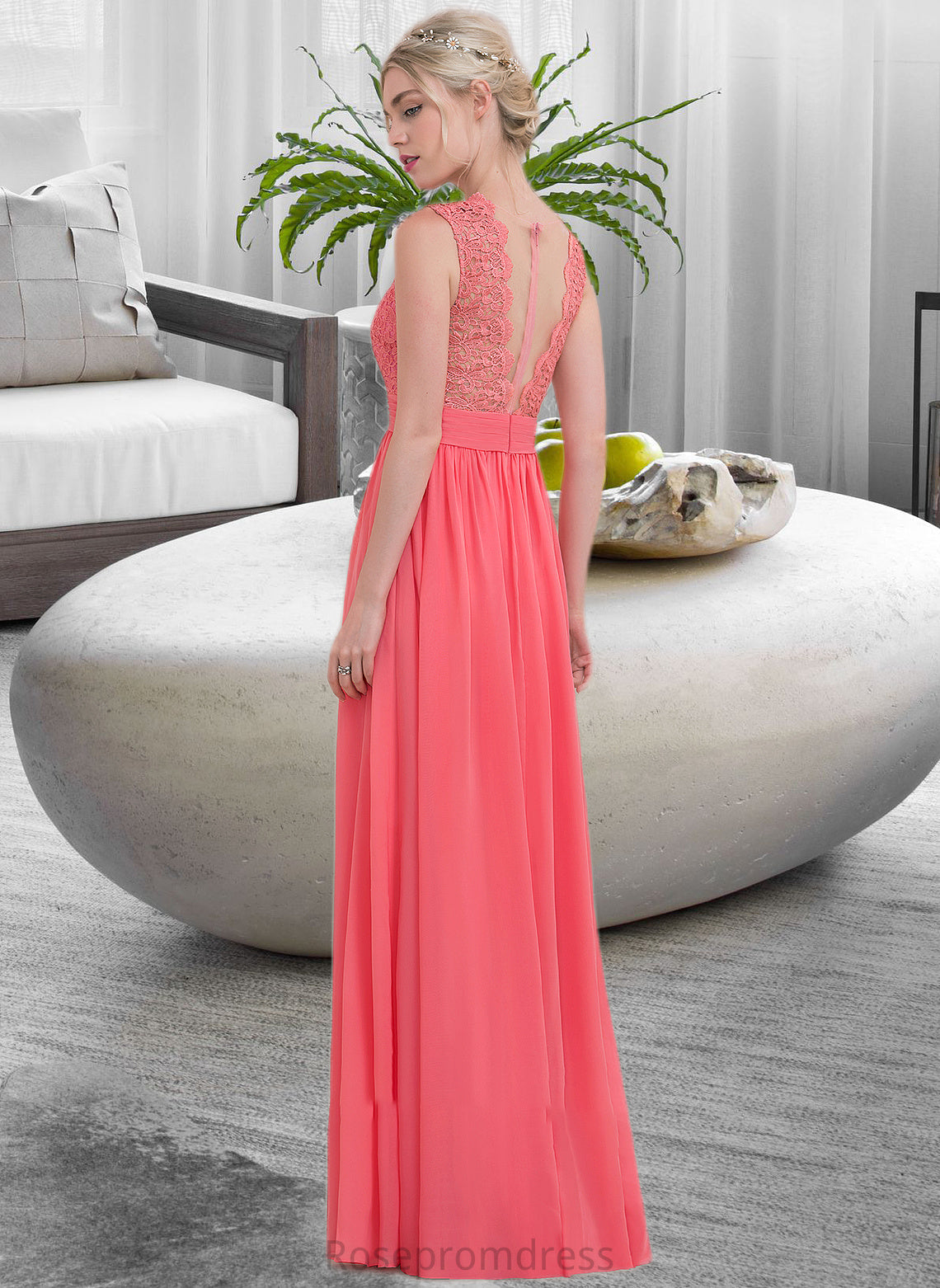 Aniyah A-Line Scoop Neck Floor-Length Chiffon Lace Bridesmaid Dress With Ruffle SRSP0013171