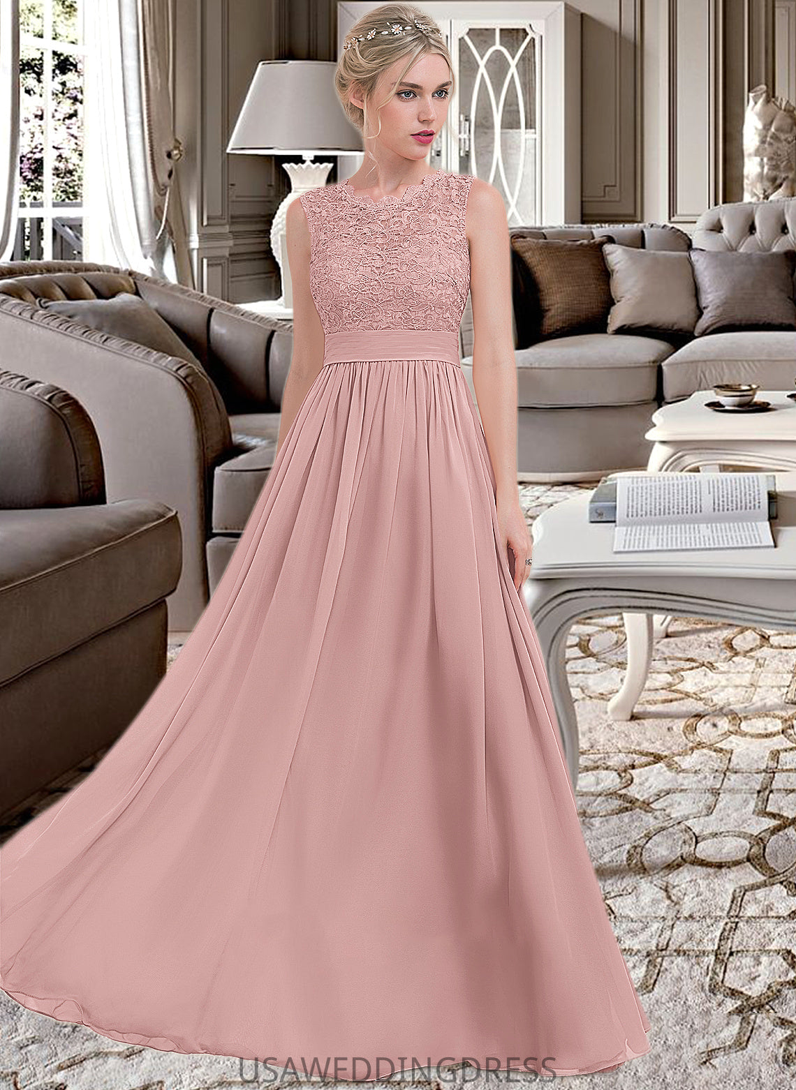 Angel A-Line Scoop Neck Floor-Length Chiffon Lace Bridesmaid Dress With Ruffle DSP0013171