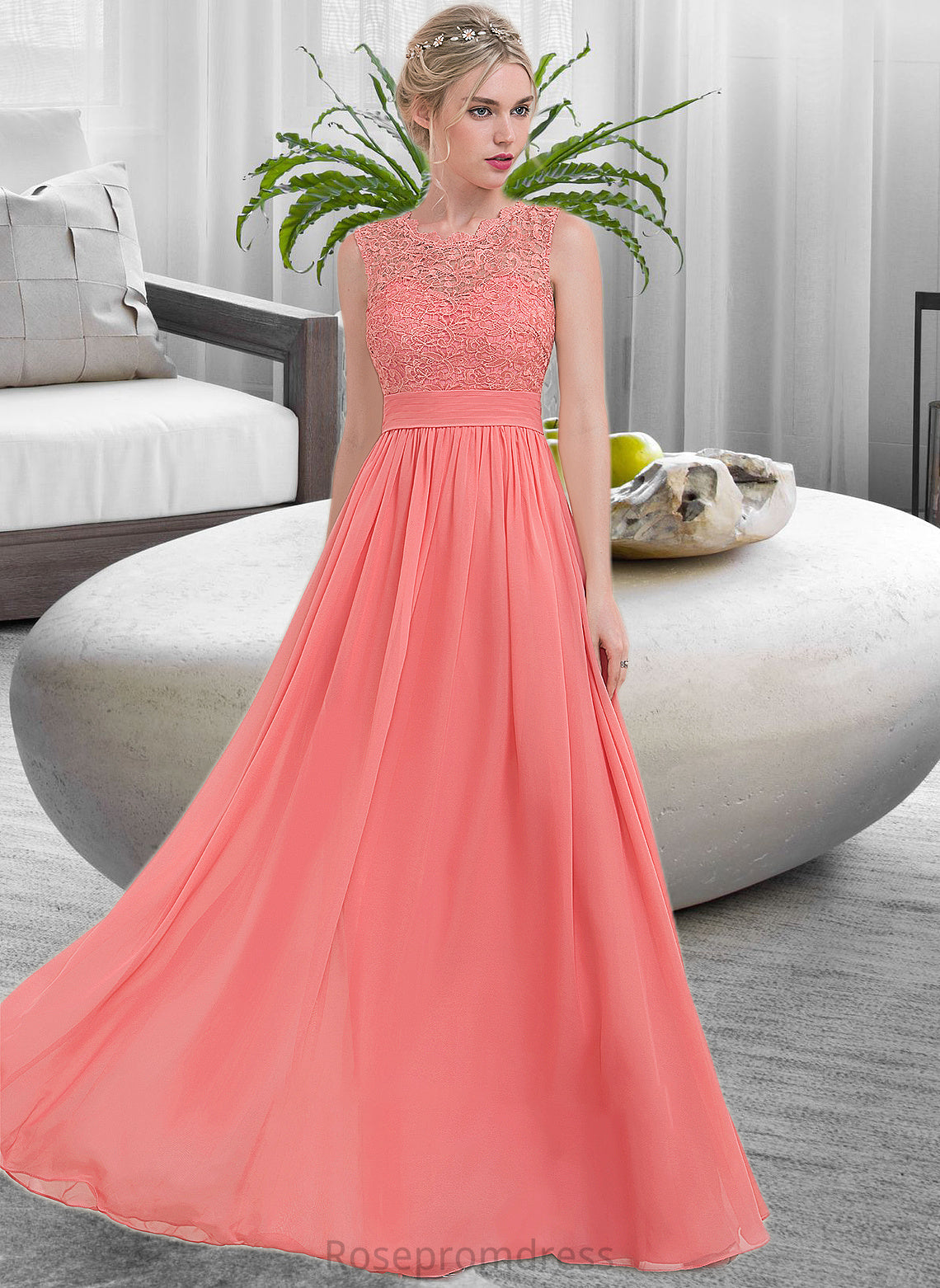 Aniyah A-Line Scoop Neck Floor-Length Chiffon Lace Bridesmaid Dress With Ruffle SRSP0013171