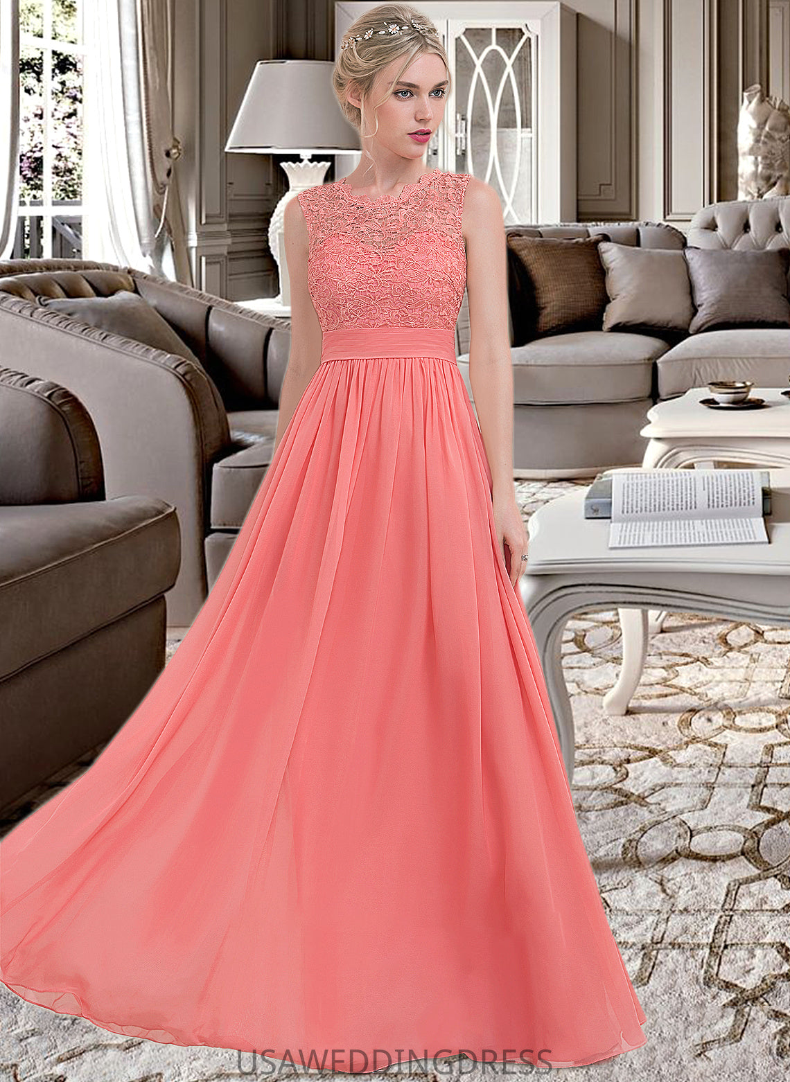 Angel A-Line Scoop Neck Floor-Length Chiffon Lace Bridesmaid Dress With Ruffle DSP0013171