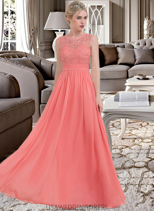 Angel A-Line Scoop Neck Floor-Length Chiffon Lace Bridesmaid Dress With Ruffle DSP0013171