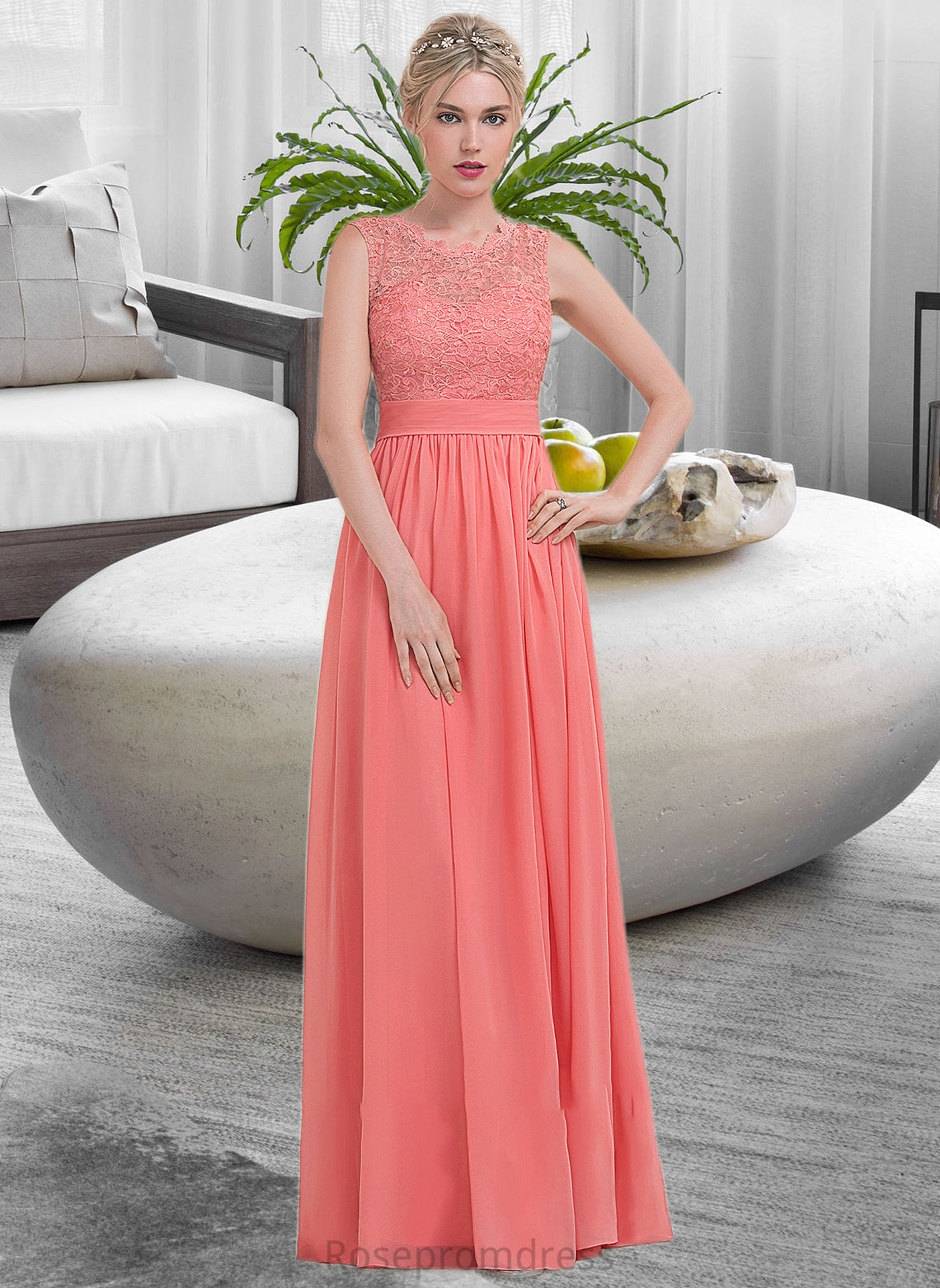 Aniyah A-Line Scoop Neck Floor-Length Chiffon Lace Bridesmaid Dress With Ruffle SRSP0013171