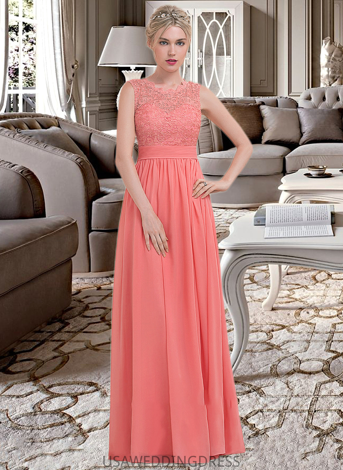 Angel A-Line Scoop Neck Floor-Length Chiffon Lace Bridesmaid Dress With Ruffle DSP0013171