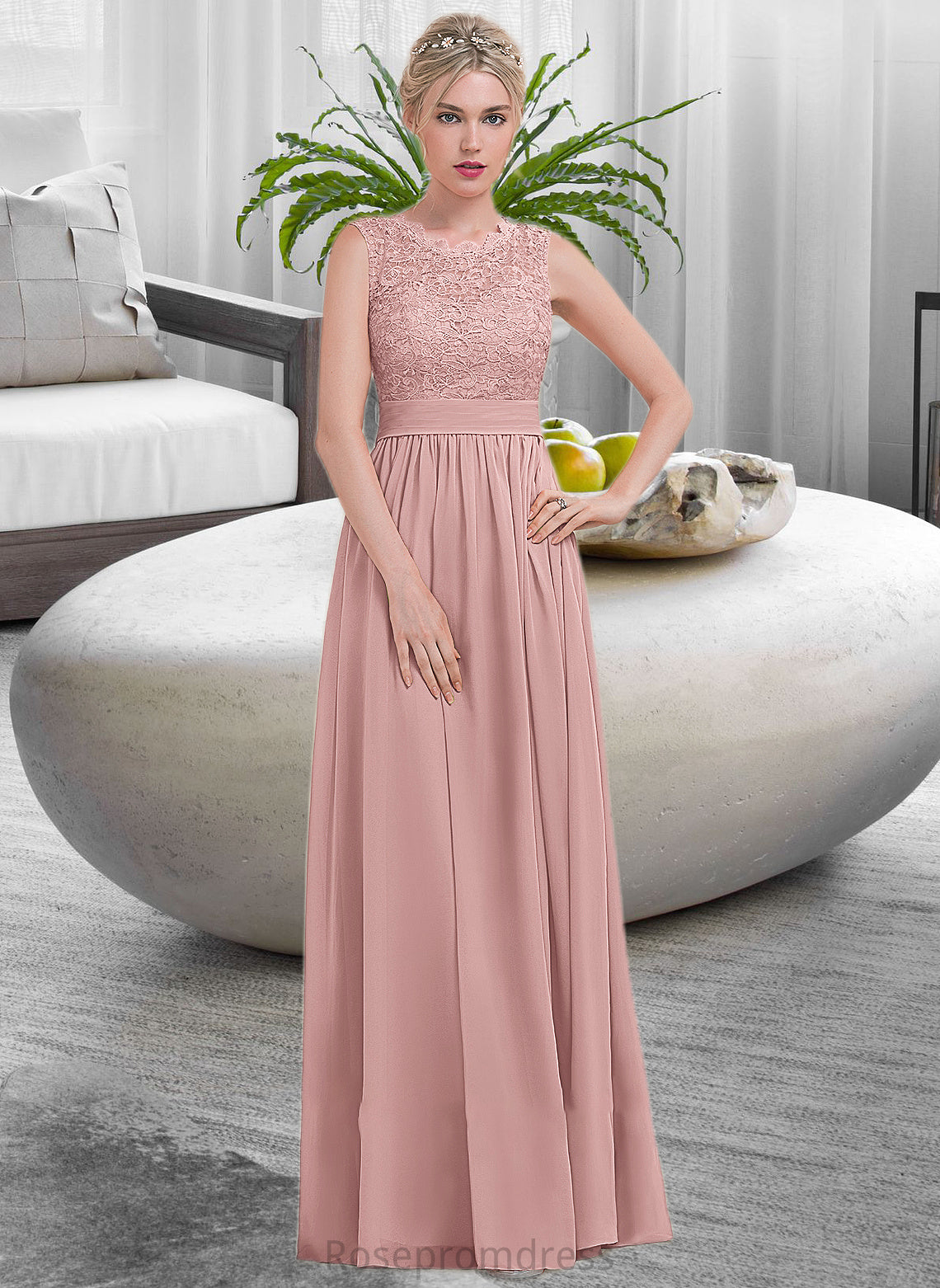 Aniyah A-Line Scoop Neck Floor-Length Chiffon Lace Bridesmaid Dress With Ruffle SRSP0013171