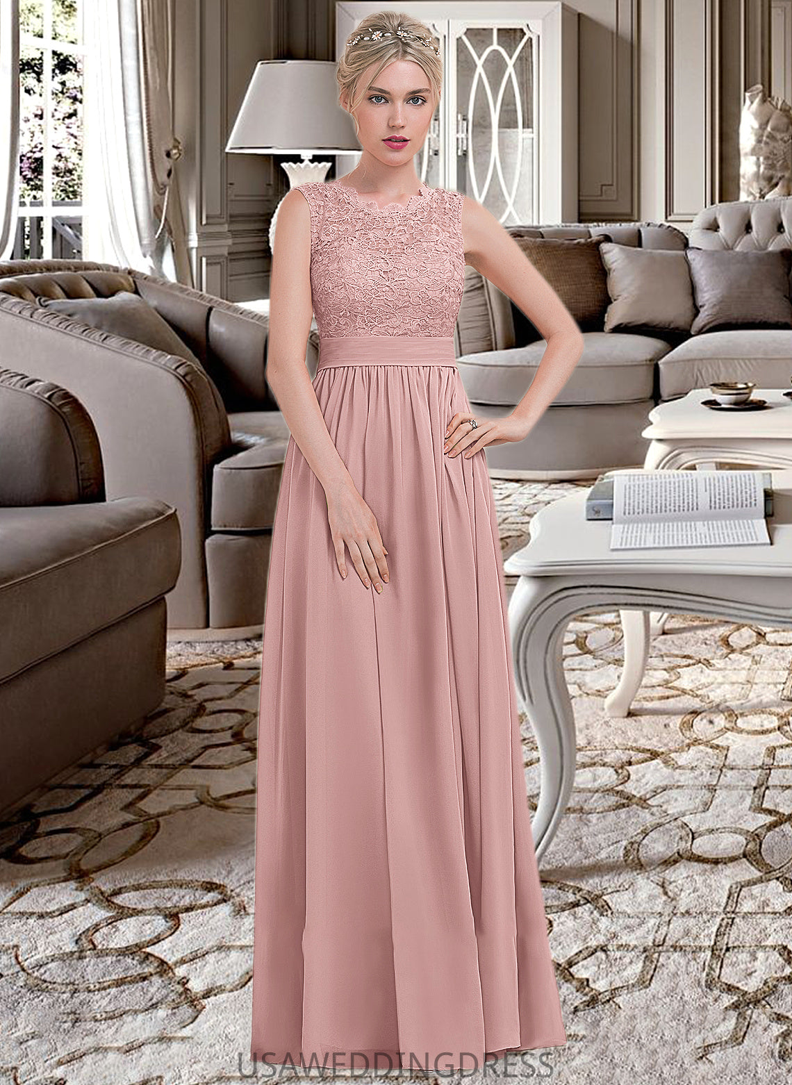 Angel A-Line Scoop Neck Floor-Length Chiffon Lace Bridesmaid Dress With Ruffle DSP0013171