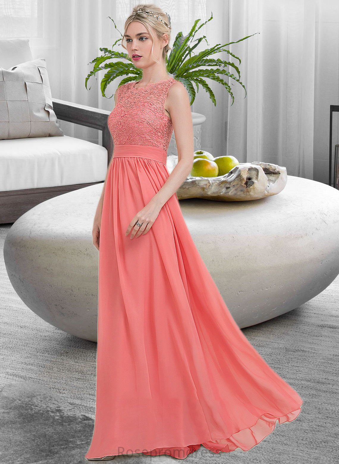 Aniyah A-Line Scoop Neck Floor-Length Chiffon Lace Bridesmaid Dress With Ruffle SRSP0013171