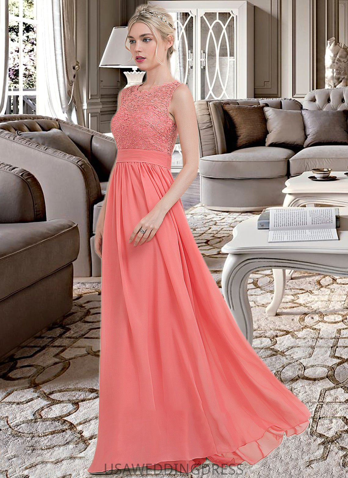 Angel A-Line Scoop Neck Floor-Length Chiffon Lace Bridesmaid Dress With Ruffle DSP0013171