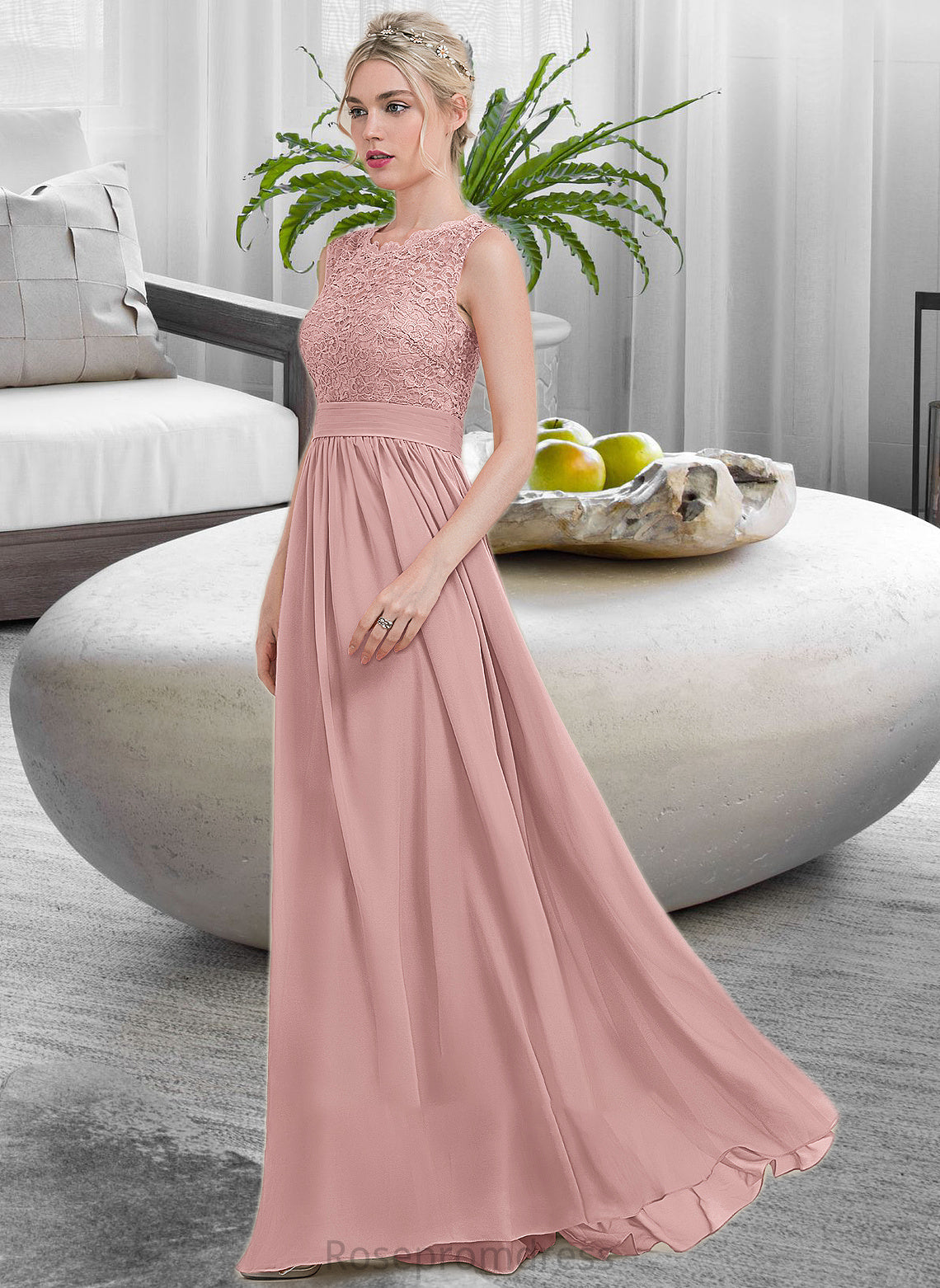 Aniyah A-Line Scoop Neck Floor-Length Chiffon Lace Bridesmaid Dress With Ruffle SRSP0013171