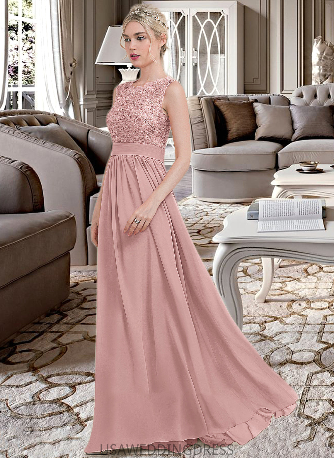 Angel A-Line Scoop Neck Floor-Length Chiffon Lace Bridesmaid Dress With Ruffle DSP0013171