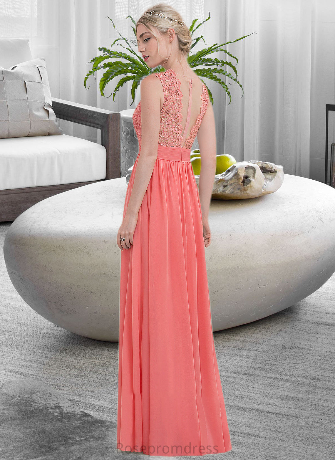 Aniyah A-Line Scoop Neck Floor-Length Chiffon Lace Bridesmaid Dress With Ruffle SRSP0013171