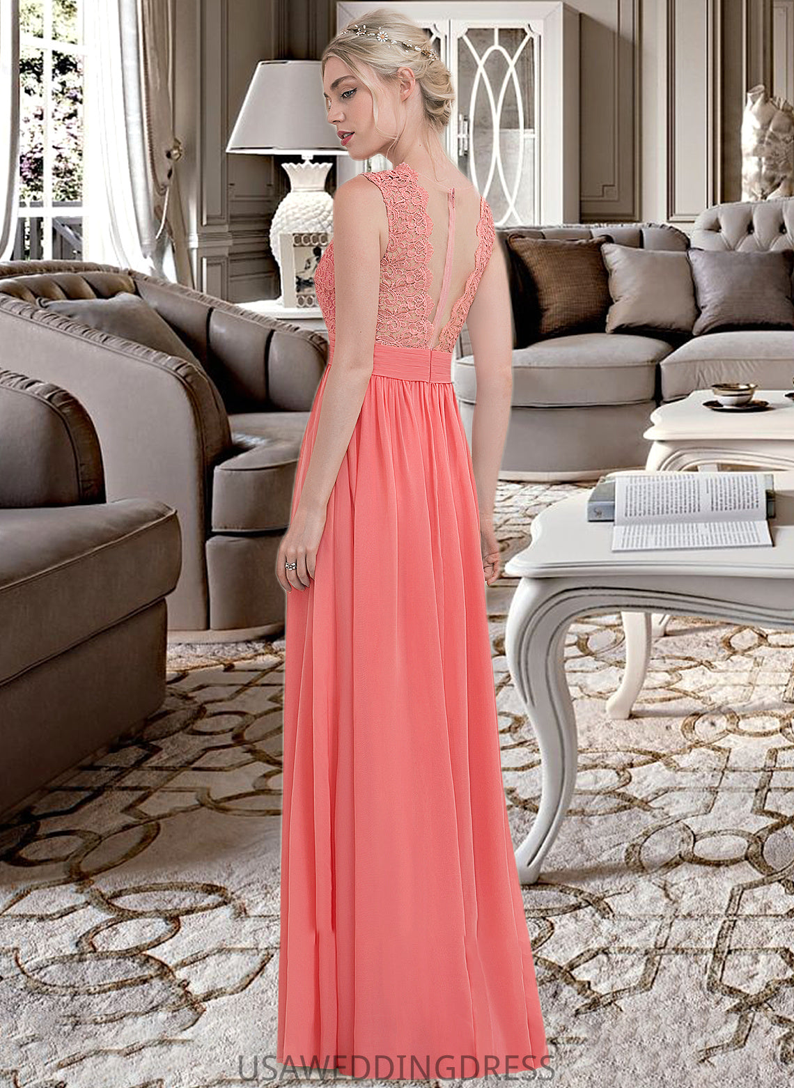 Angel A-Line Scoop Neck Floor-Length Chiffon Lace Bridesmaid Dress With Ruffle DSP0013171